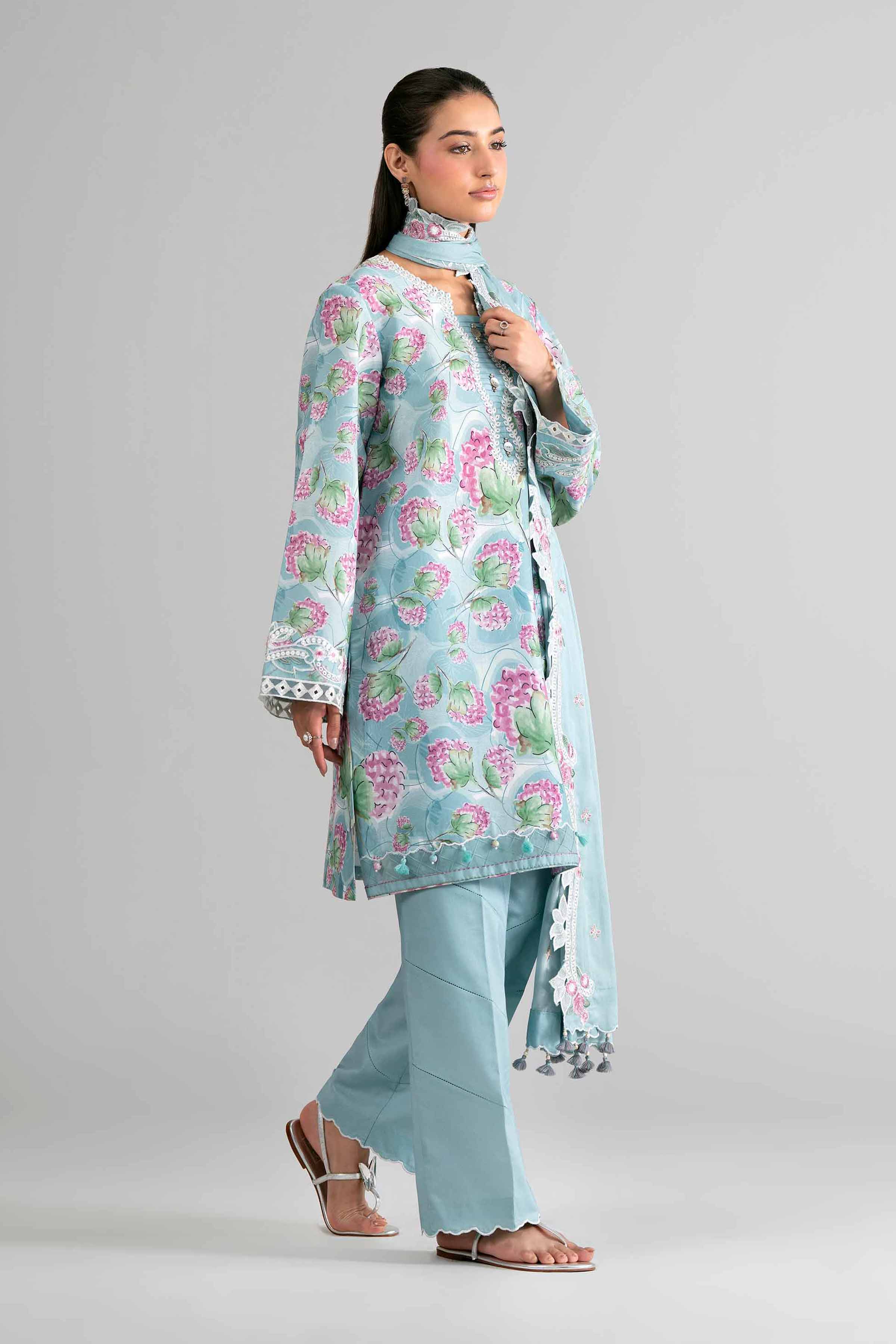 3 Piece - Printed Embroidered Suit - 42601728 Blue Lawn 3PC Embroidered