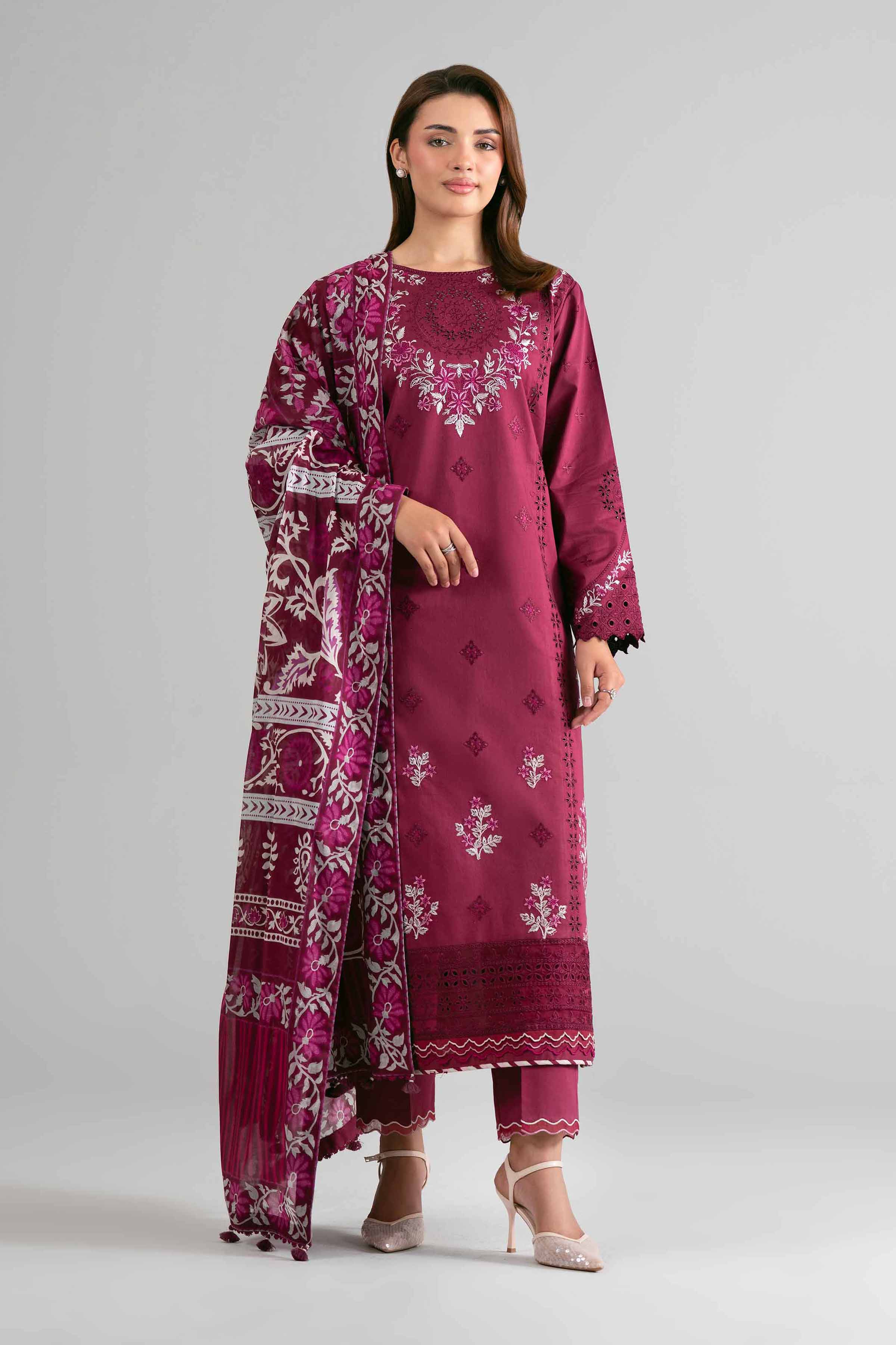 3 Piece - Digital Printed Embroidered Suit - 42601733 Maroon Lawn 3PC Embroidered