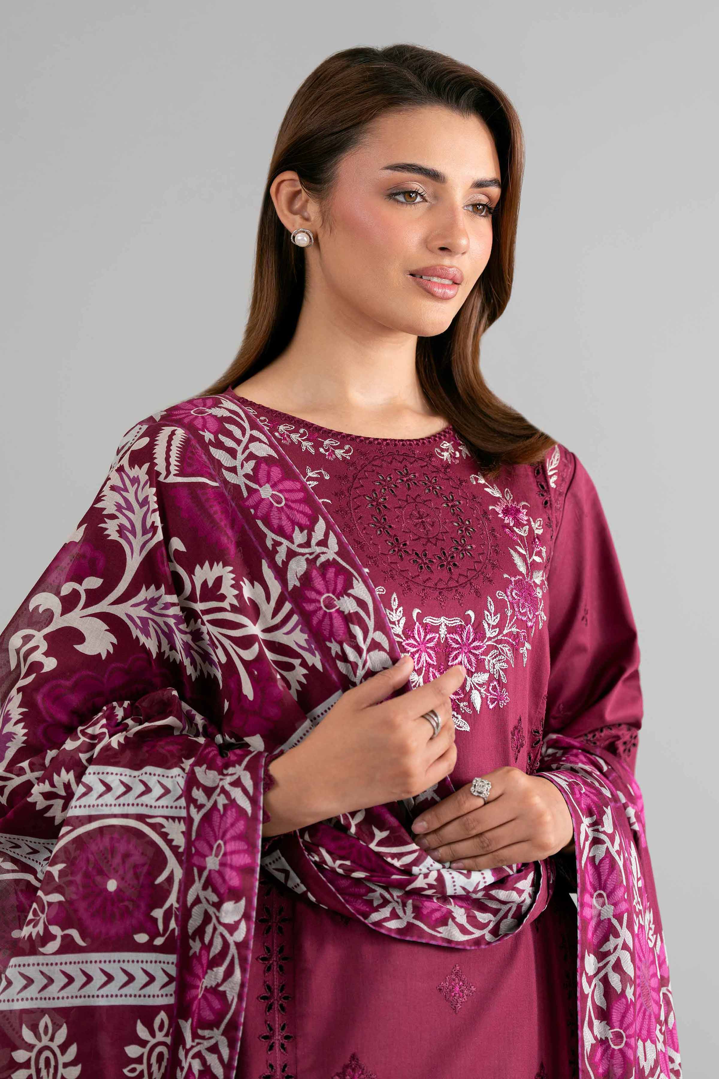 3 Piece - Digital Printed Embroidered Suit - 42601733 Maroon Lawn 3PC Embroidered