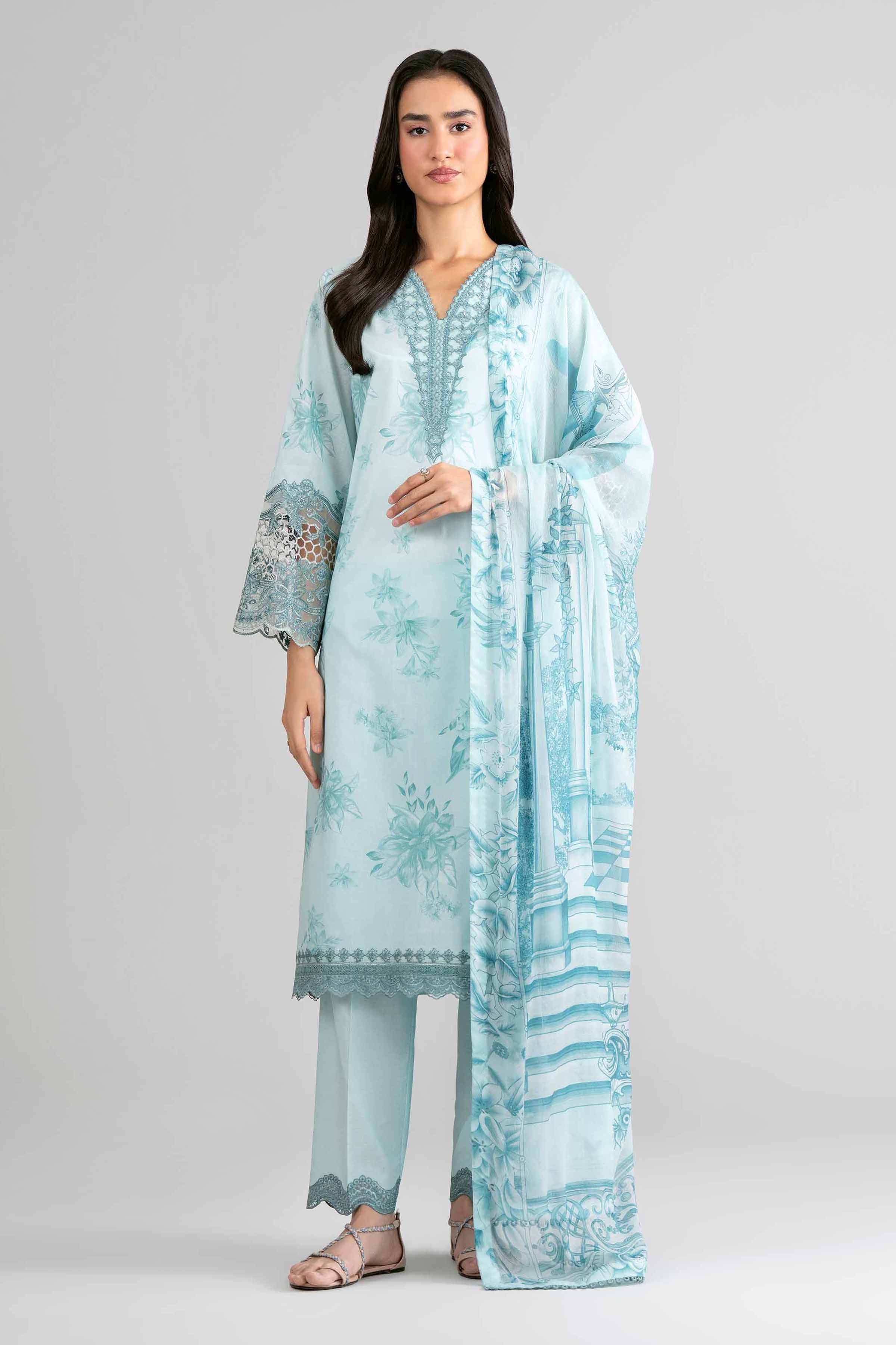 3 Piece - Digital Printed Embroidered Suit - 42601755 Green Lawn 3PC Embroidered