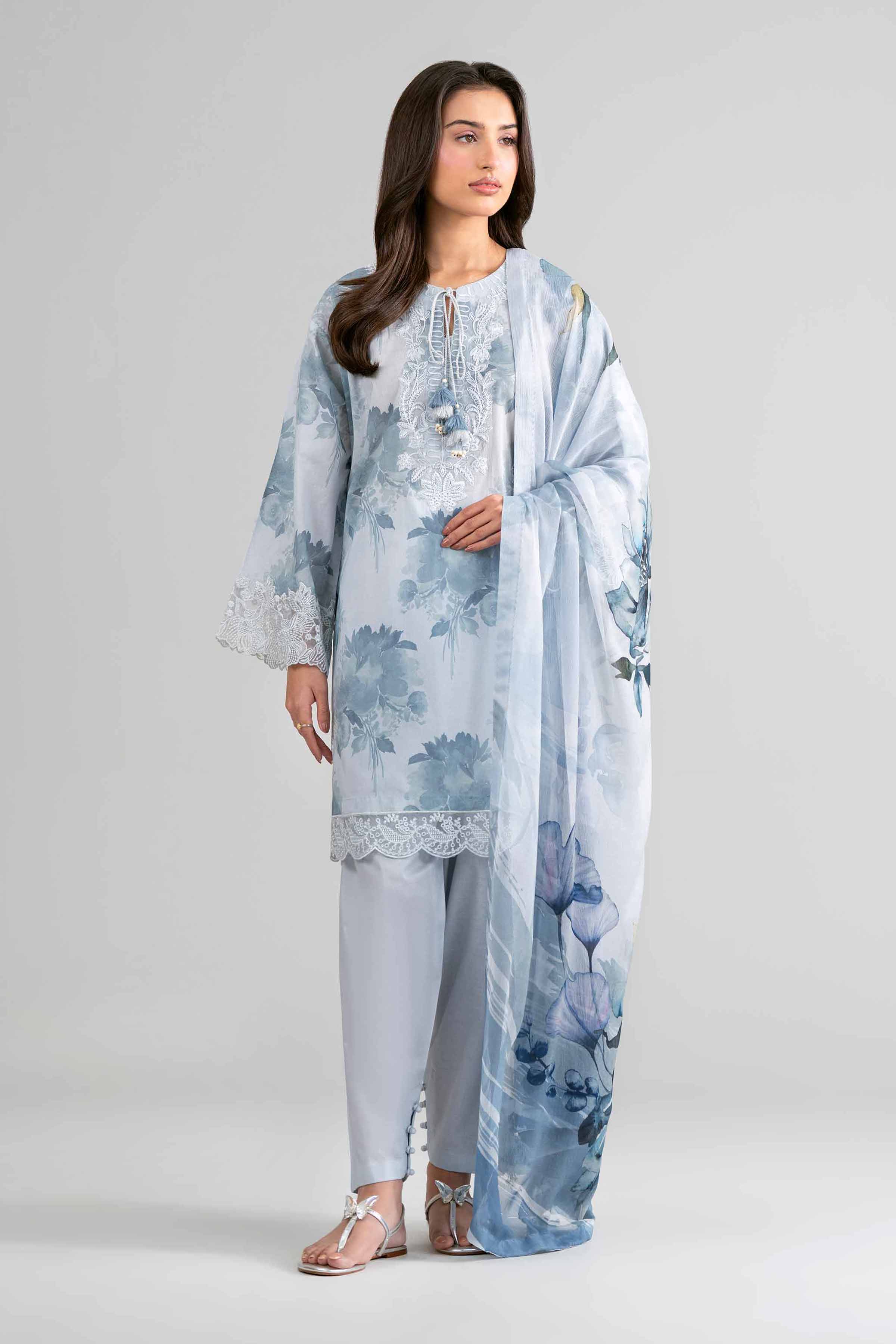 3 Piece - Digital Printed Embroidered Suit - 42601757 Blue Lawn 3PC Embroidered