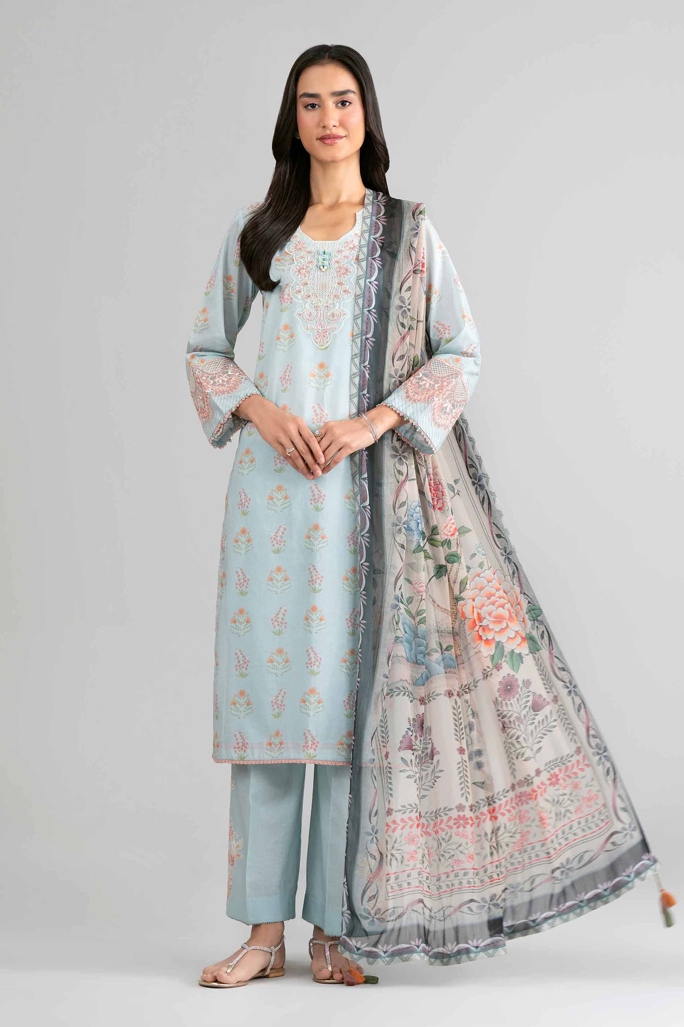 3 Piece - Digital Printed Embroidered Suit - 42601758 Blue Lawn 3PC Embroidered