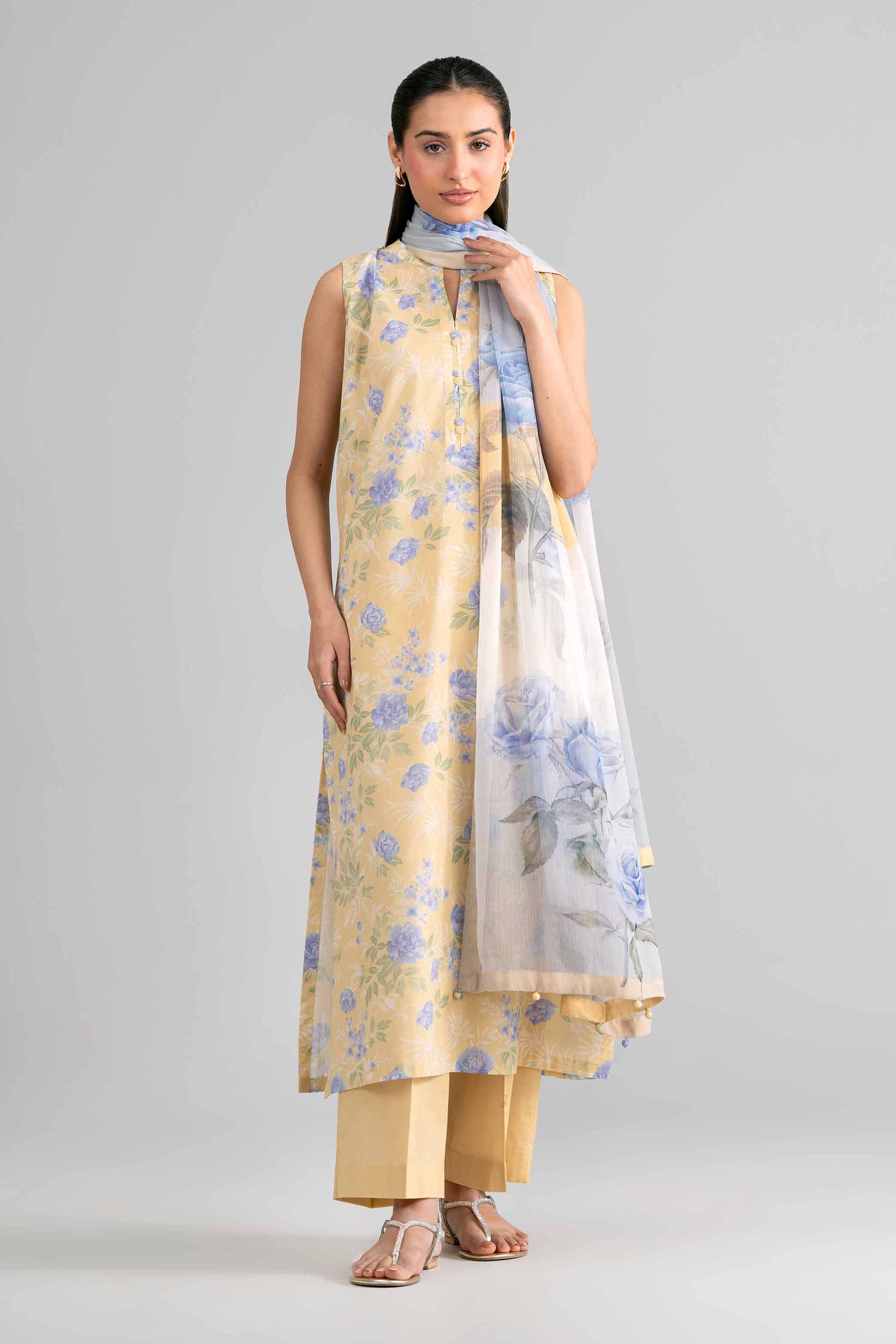 3 Piece - Digital Printed Suit - 42601761 Yellow Lawn 3PC Printed