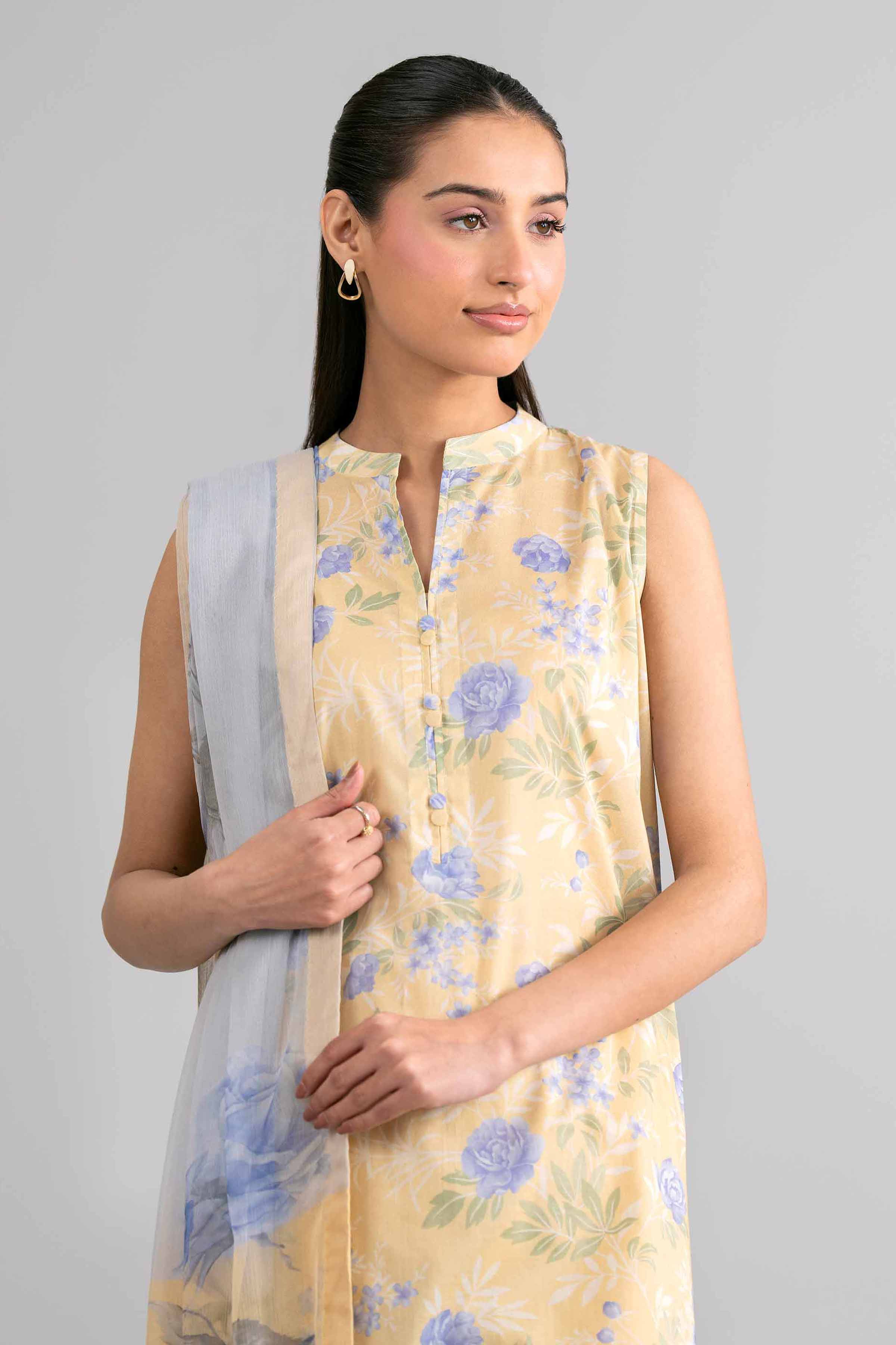 3 Piece - Digital Printed Suit - 42601761 Yellow Lawn 3PC Printed