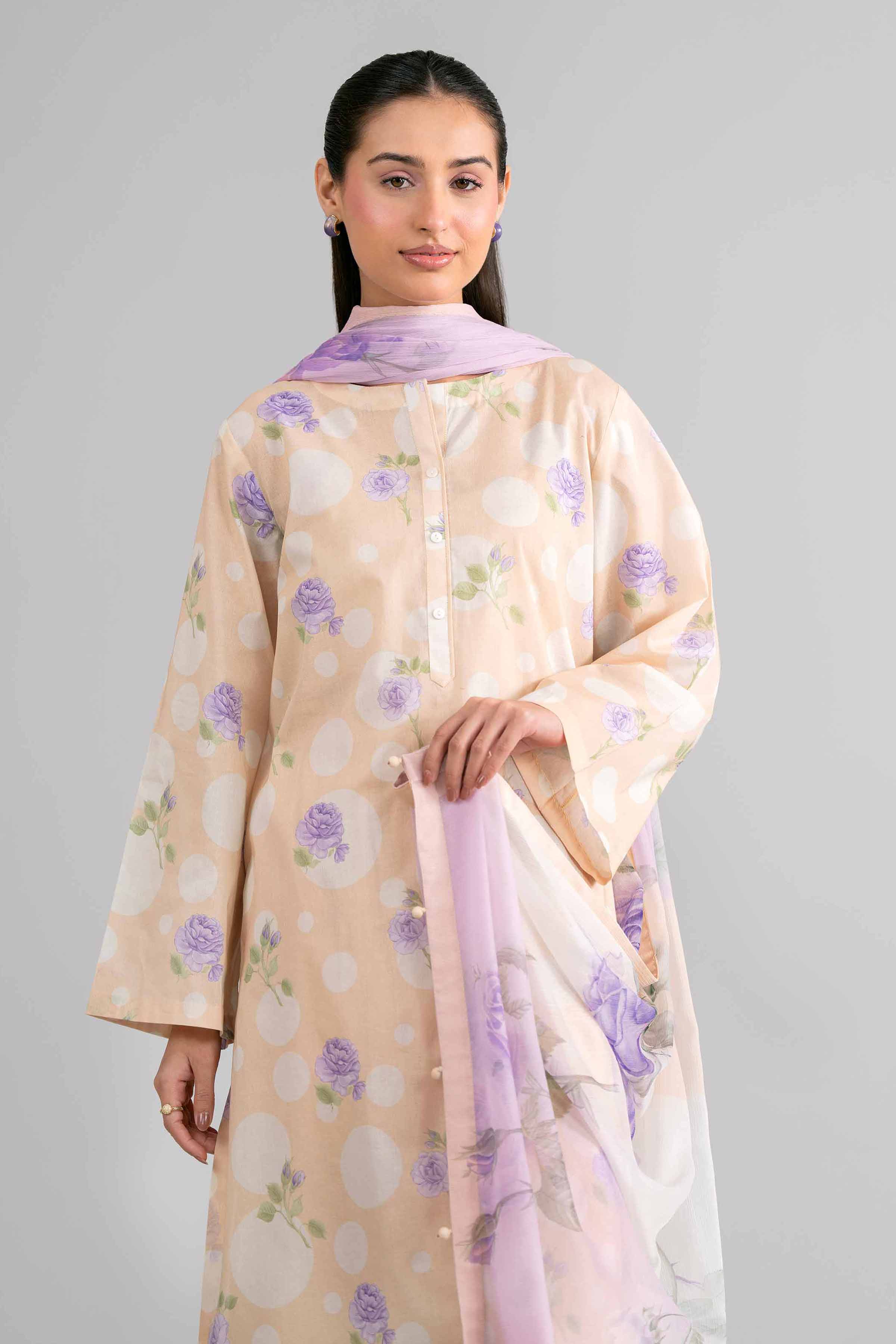 3 Piece - Digital Printed Suit - 42601762 Cream Lawn 3PC Printed