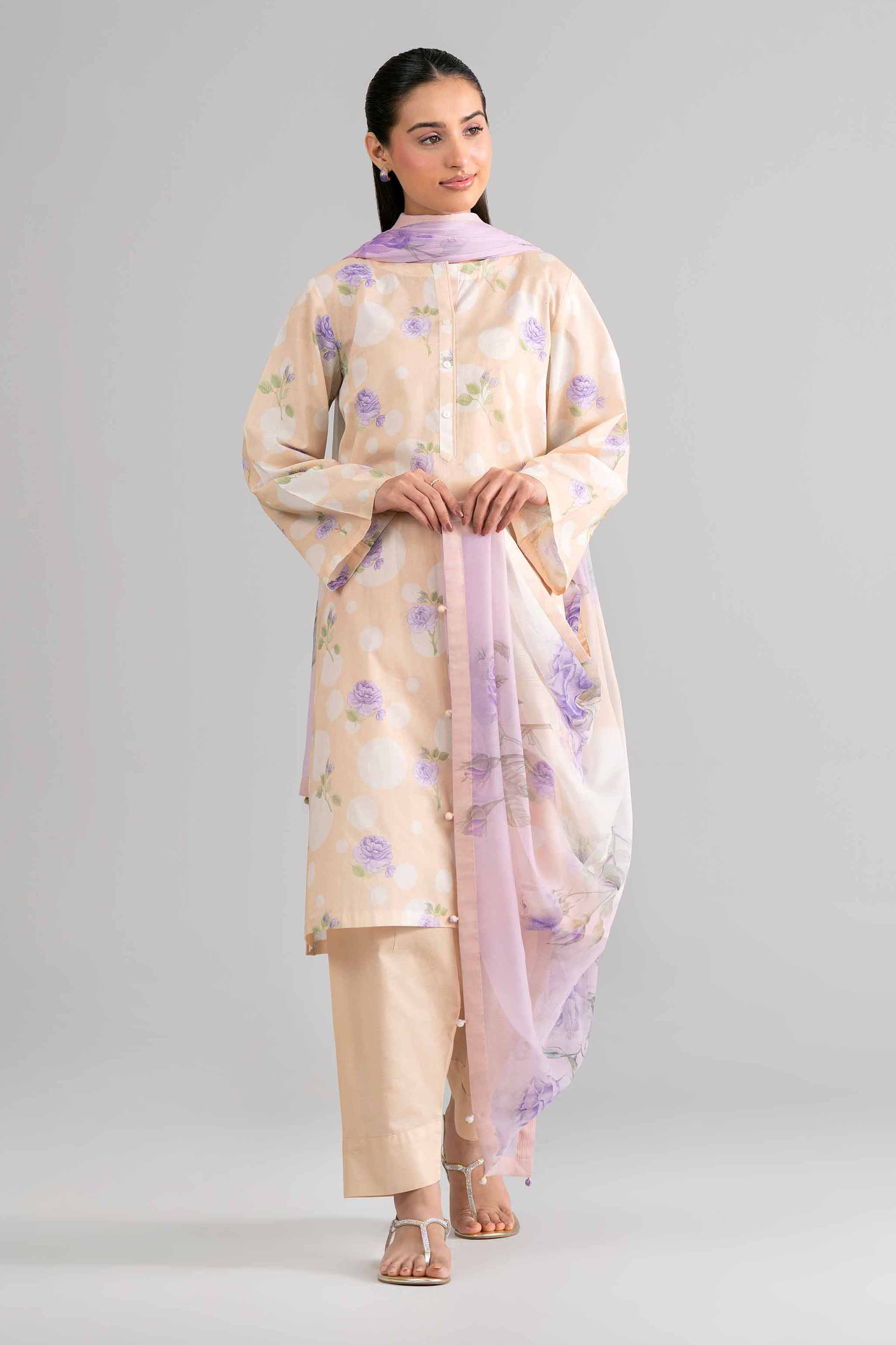 3 Piece - Digital Printed Suit - 42601762 Cream Lawn 3PC Printed