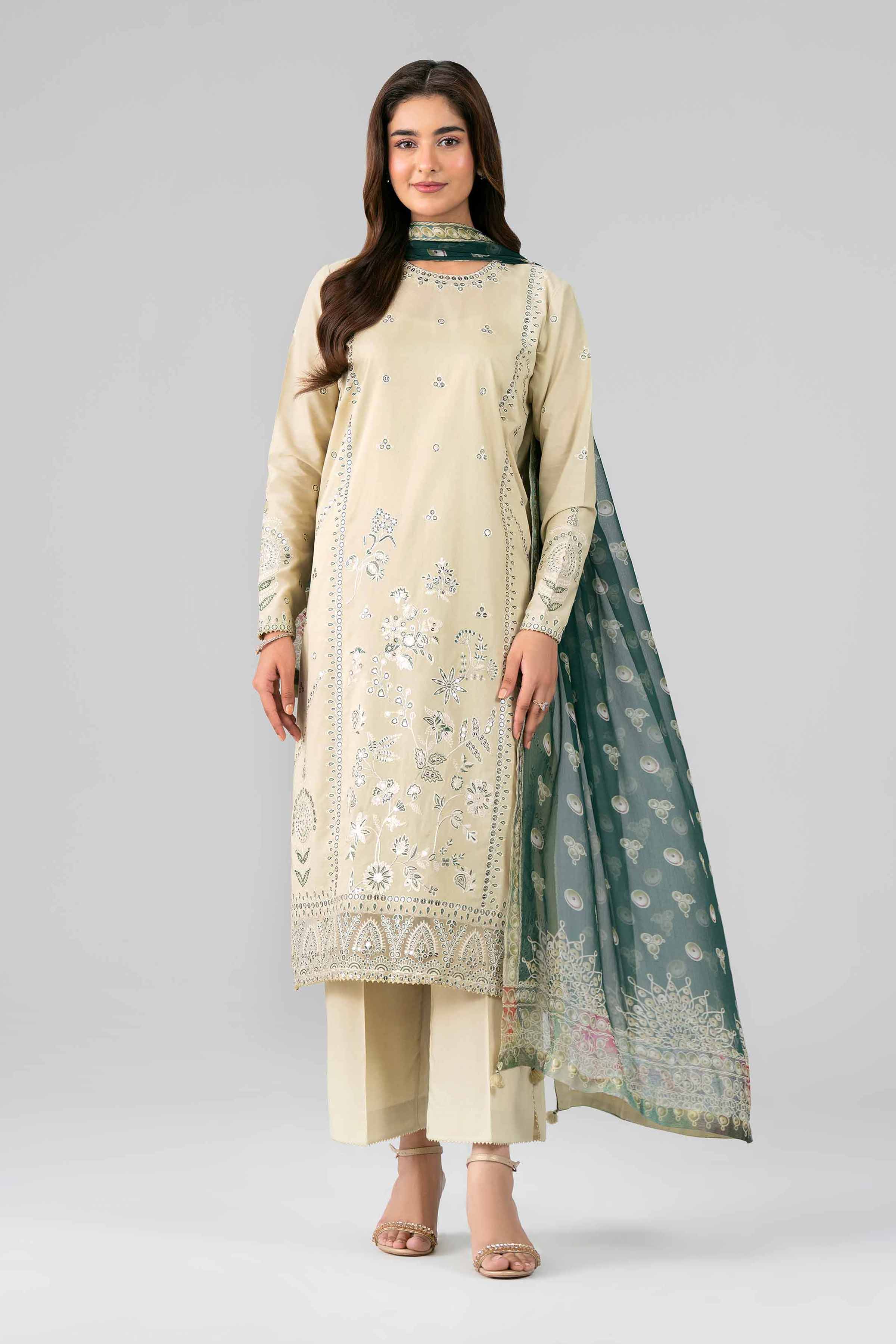NISHAT UAE 3Pc Embroidered Unstitched Women Beige Lawn Suit