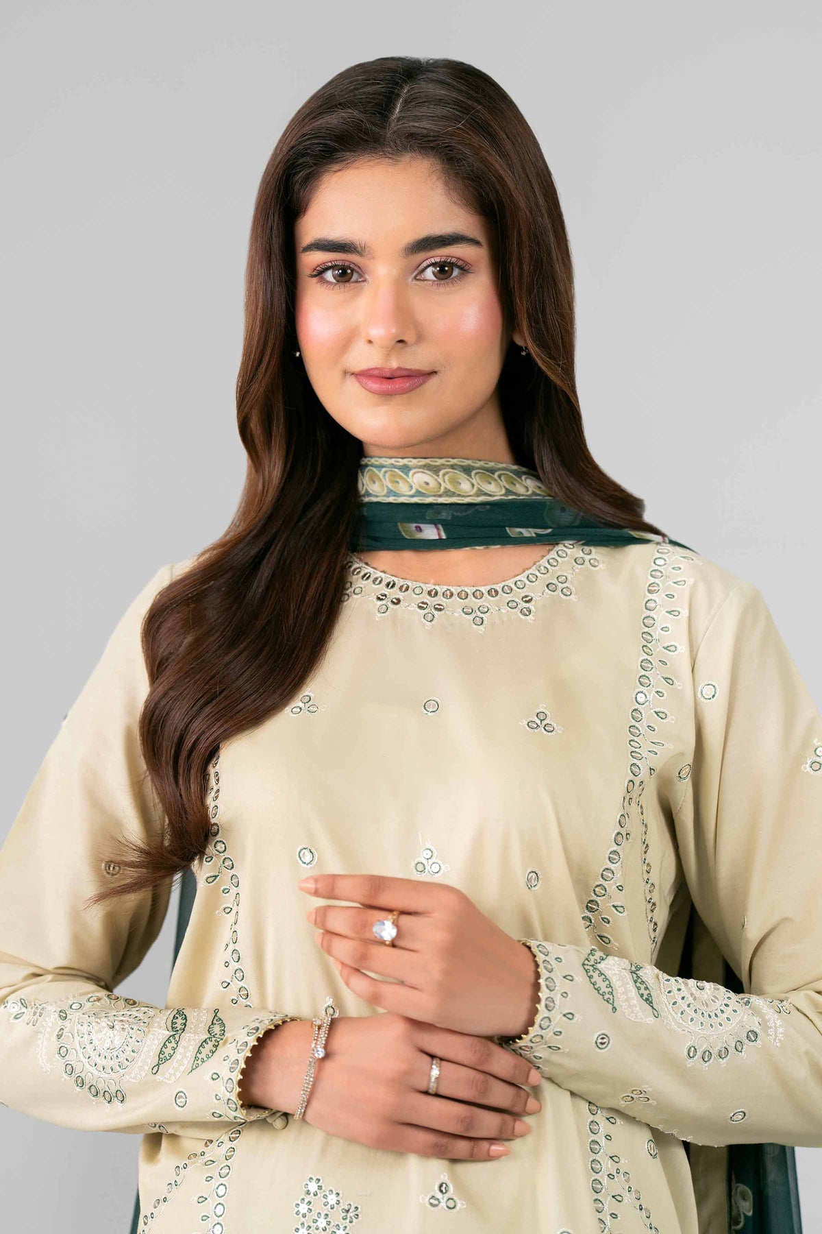 NISHAT UAE 3Pc Embroidered Unstitched Women Beige Lawn Suit