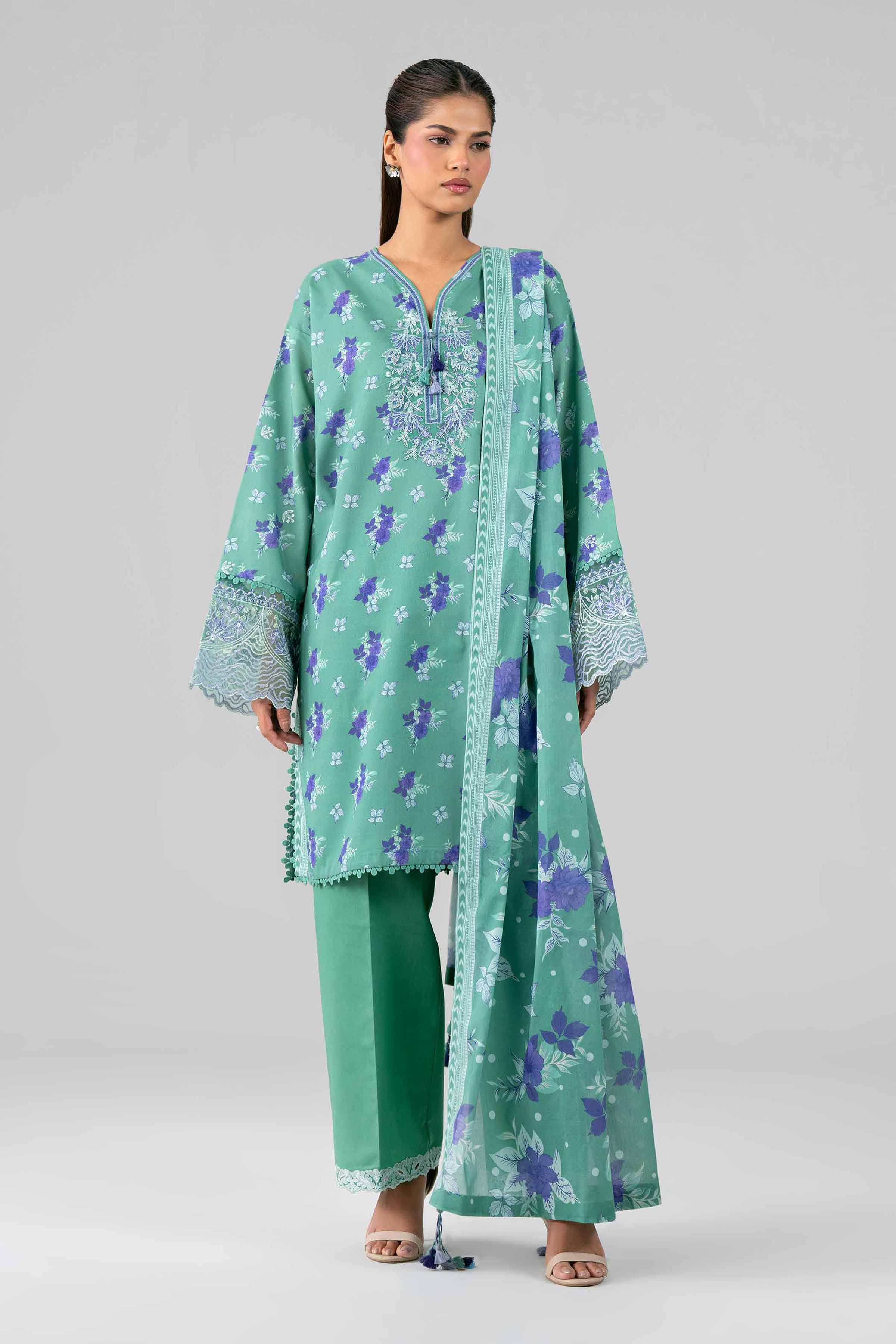 3 Piece - Printed Embroidered Suit - 42601784 Green Lawn 3PC Embroidered