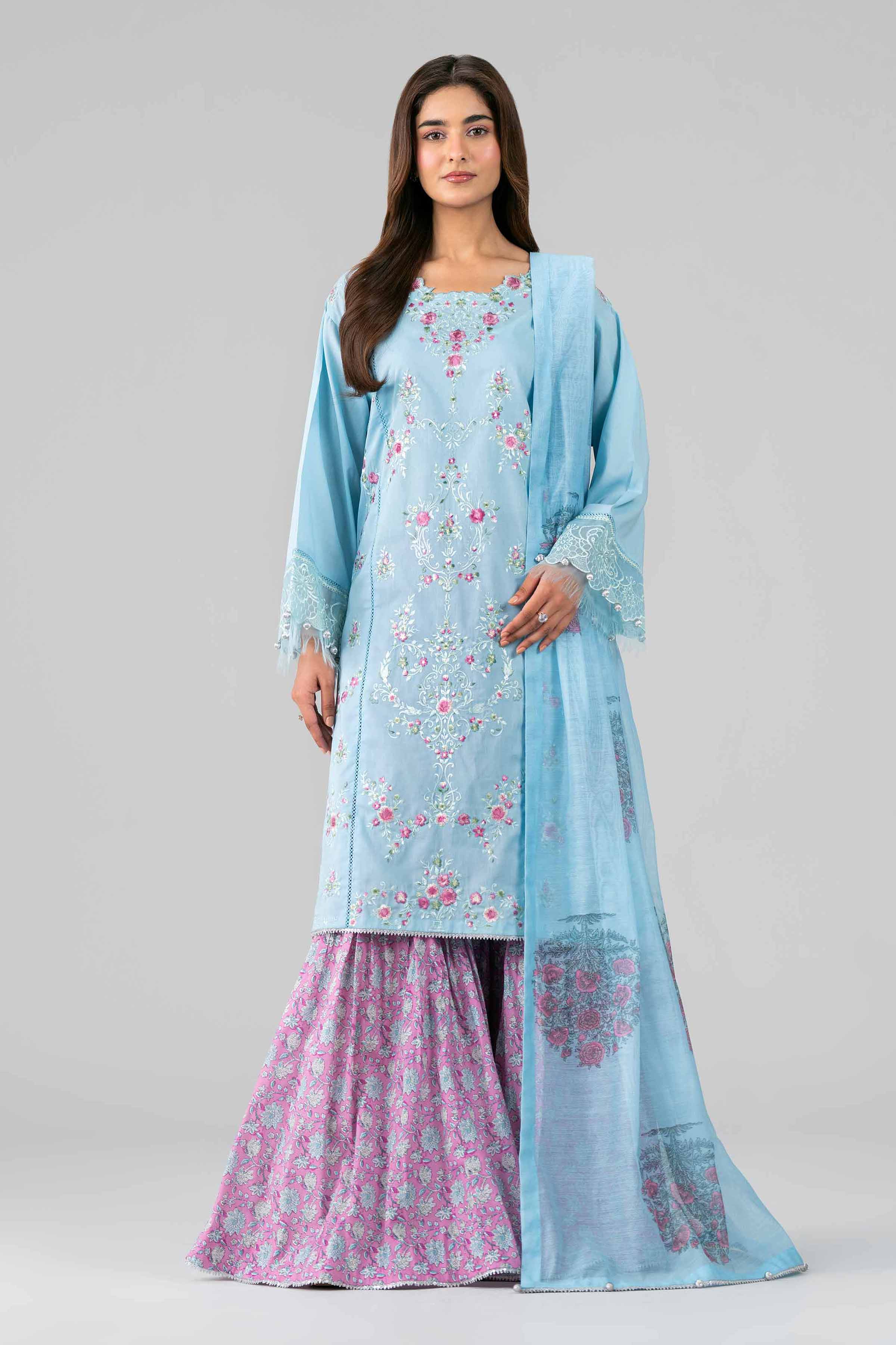 3 Piece - Printed Embroidered Suit - 42601791 Blue Lawn 3PC Embroidered