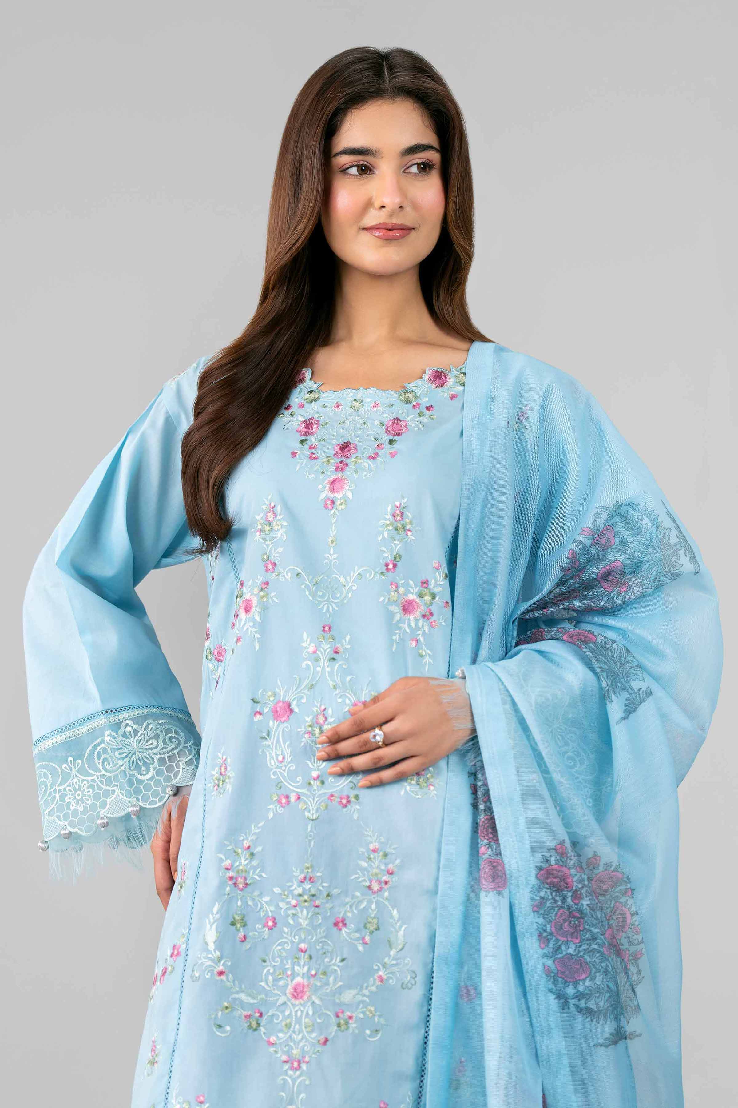 3 Piece - Printed Embroidered Suit - 42601791 Blue Lawn 3PC Embroidered