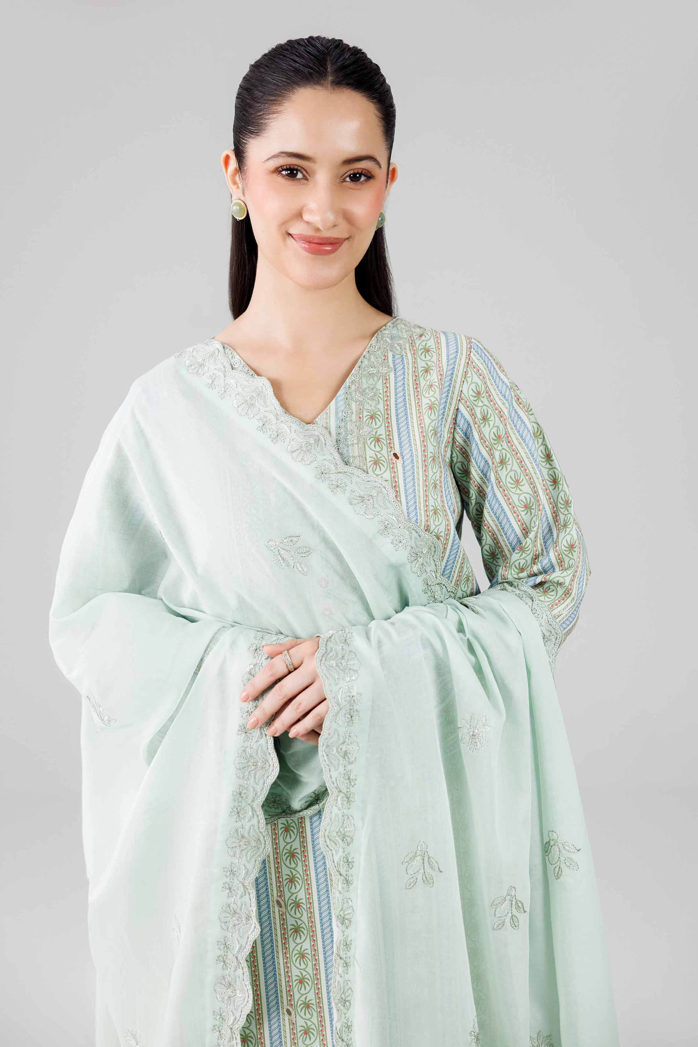 3 Piece - Printed Embroidered Suit - 42601805 Green Lawn 3PC Embroidered