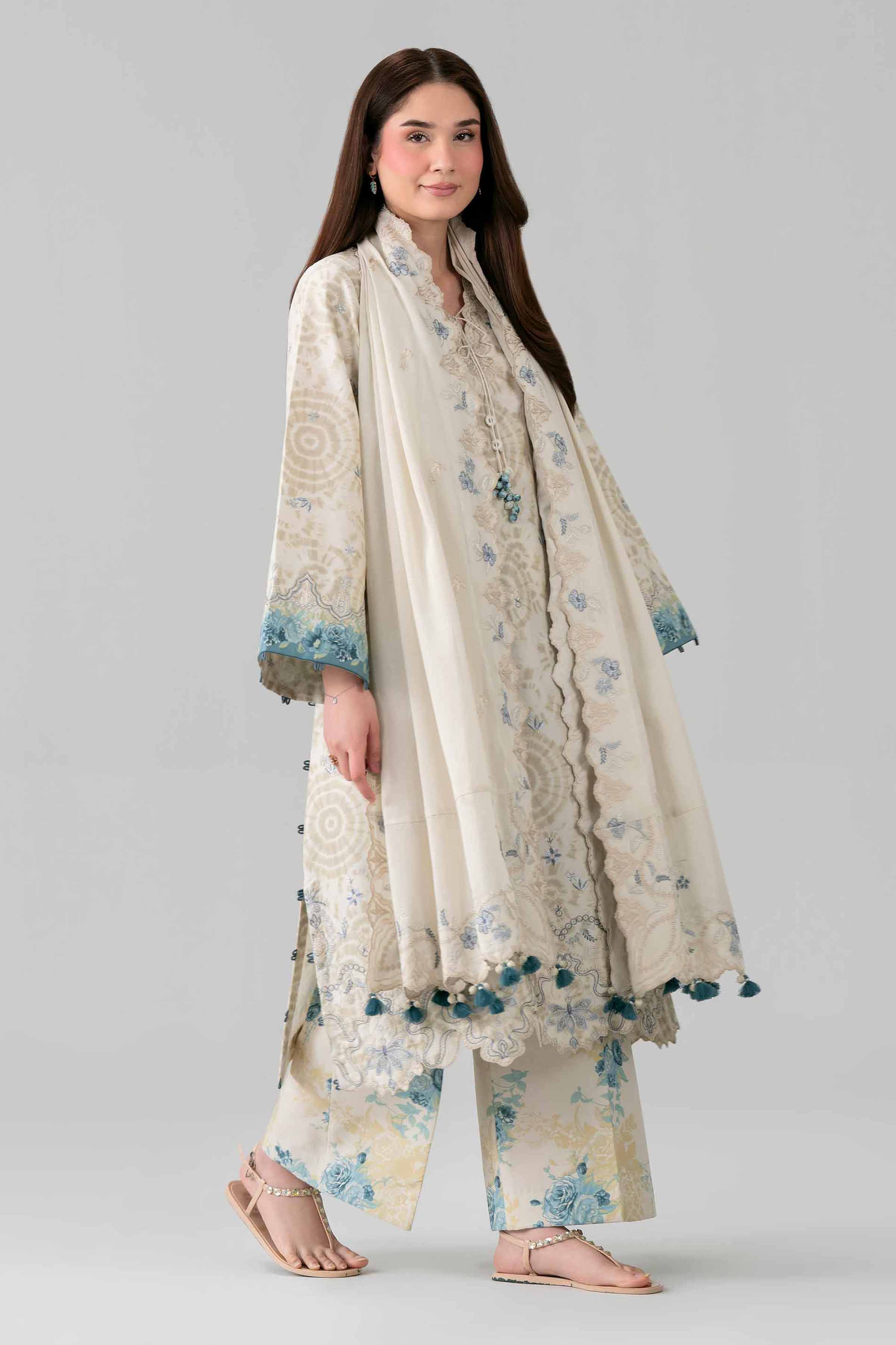 3 Piece - Printed Embroidered Suit - 42601807 Beige Lawn 3PC Embroidered