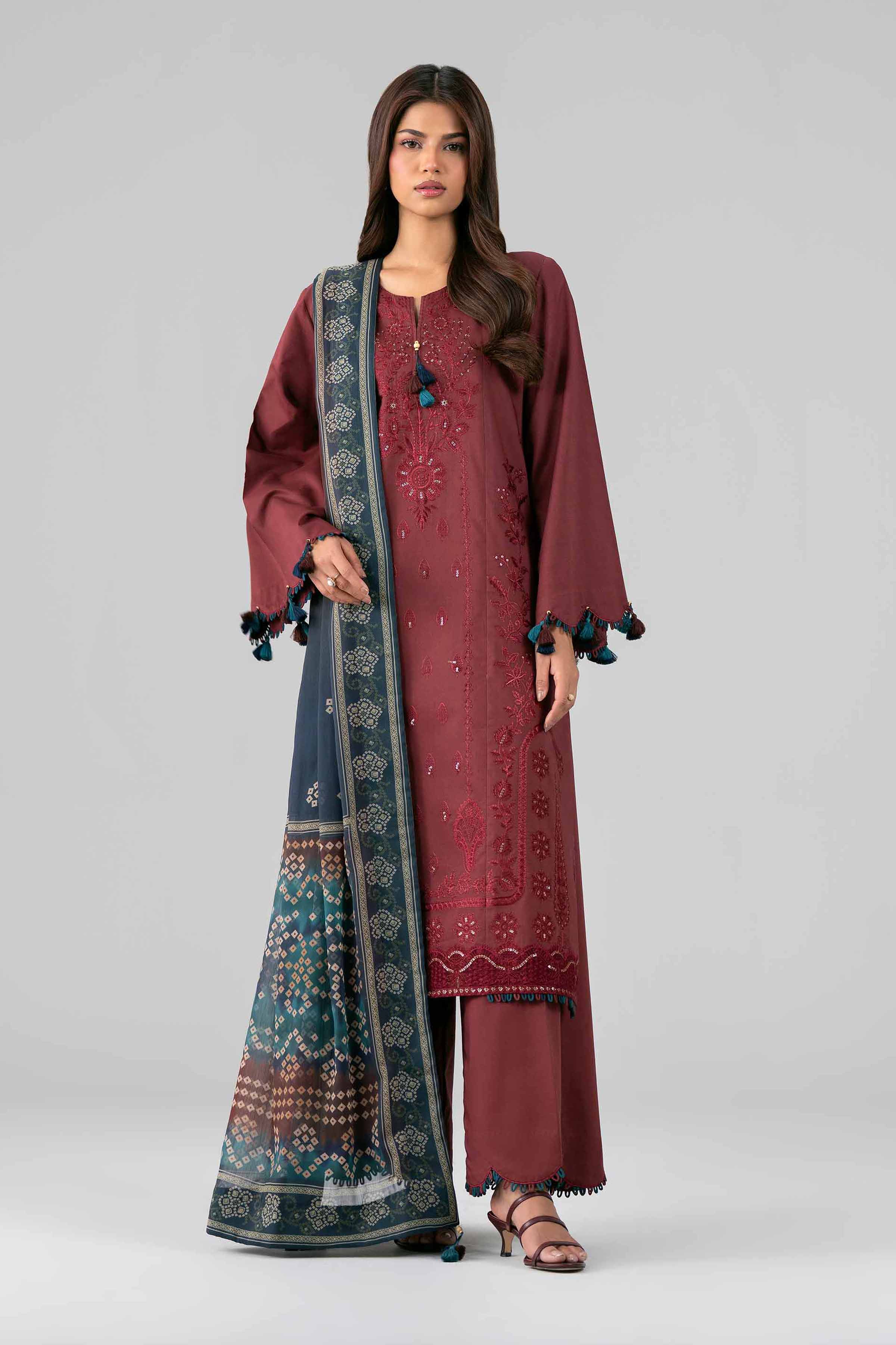 3 Piece - Digital Printed Embroidered Suit - 42601828 Maroon Lawn 3PC Embroidered