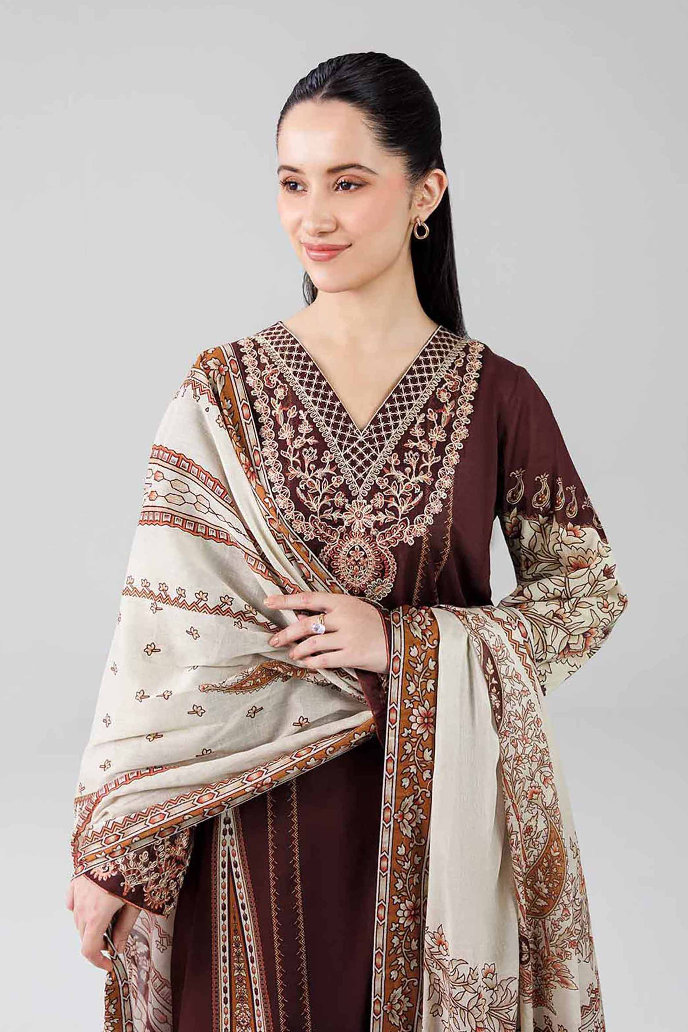 3 Piece - Digital Printed Embroidered Suit - 42601834 Brown Lawn 3PC Embroidered
