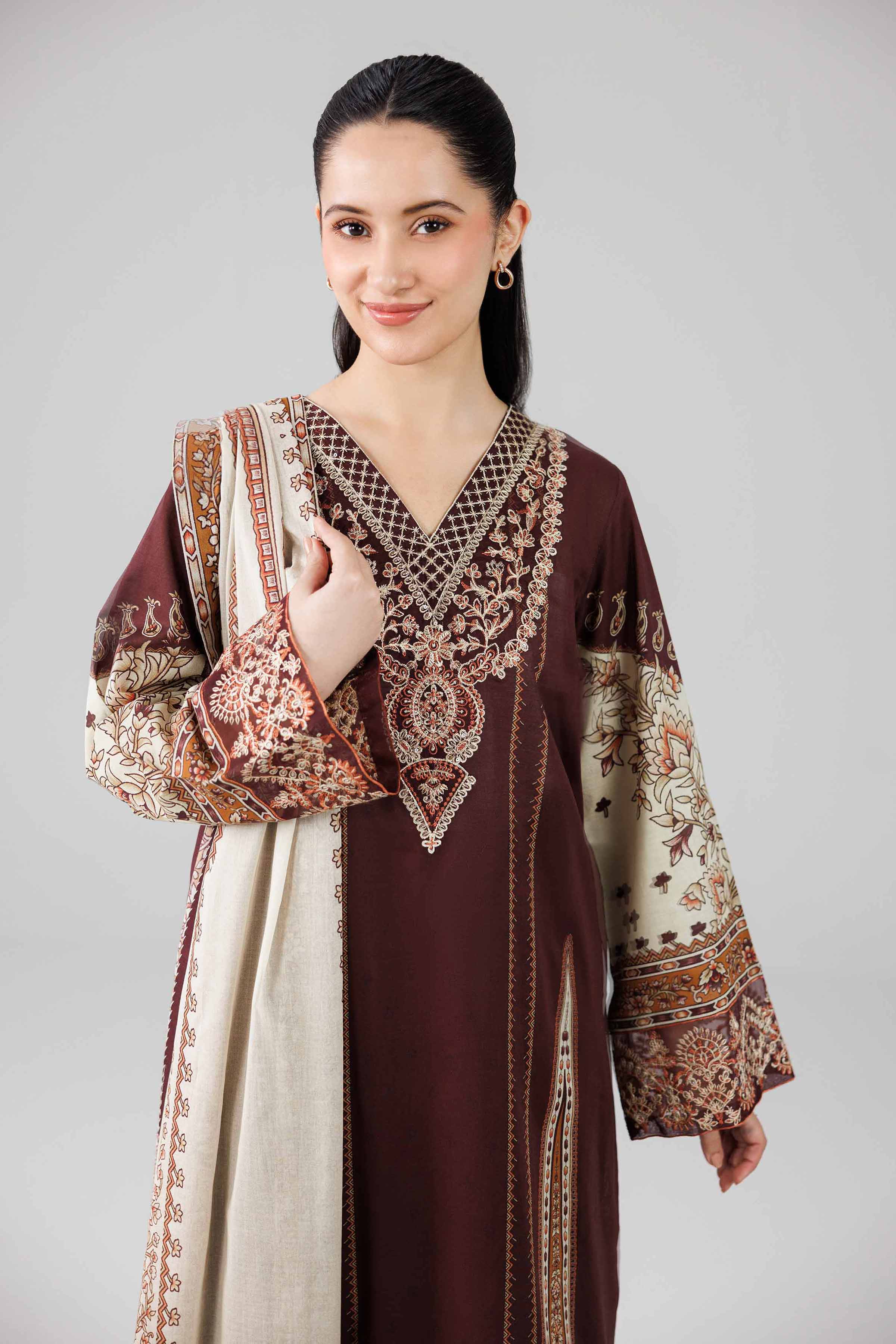 3 Piece - Digital Printed Embroidered Suit - 42601834 Brown Lawn 3PC Embroidered