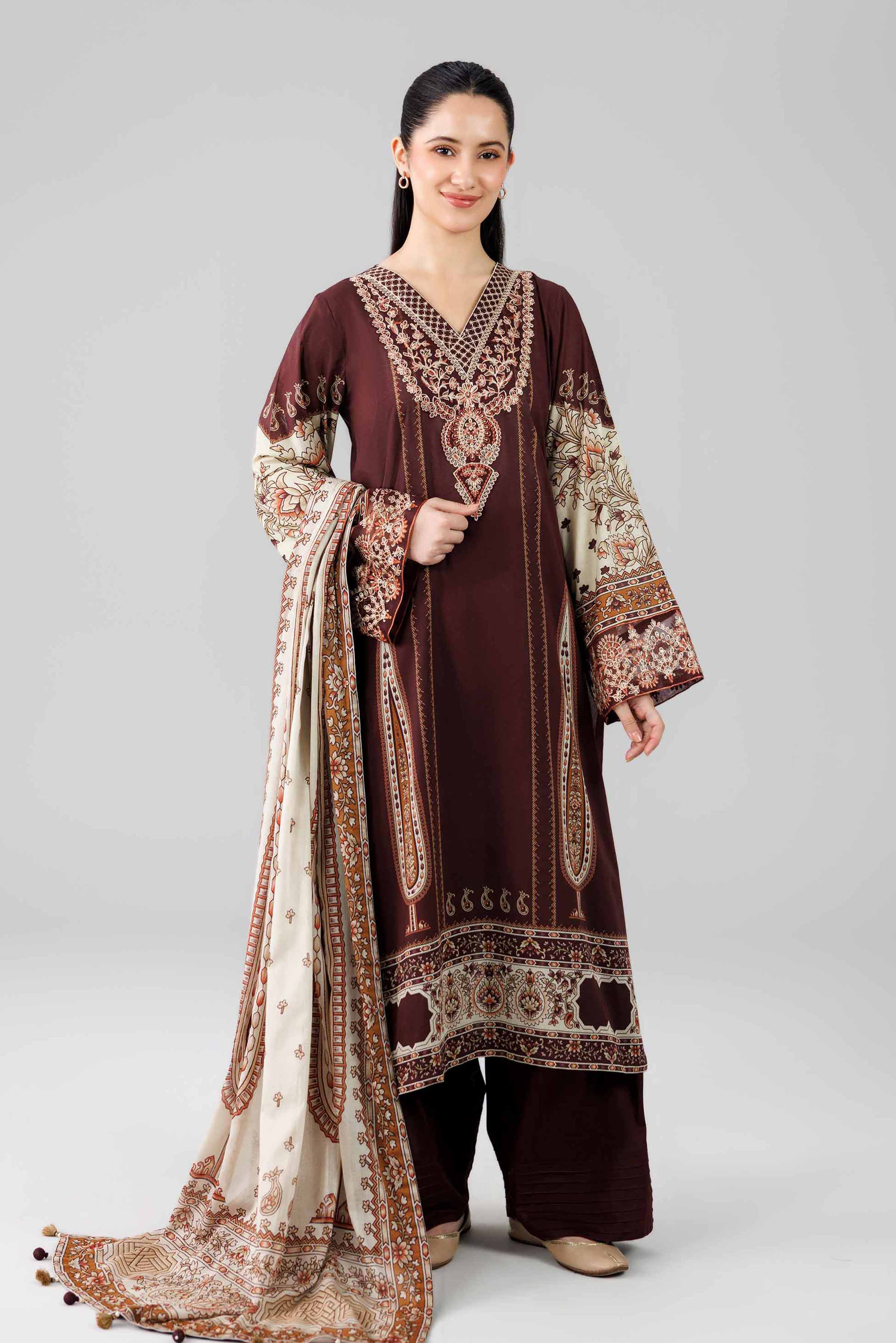 3 Piece - Digital Printed Embroidered Suit - 42601834 Brown Lawn 3PC Embroidered