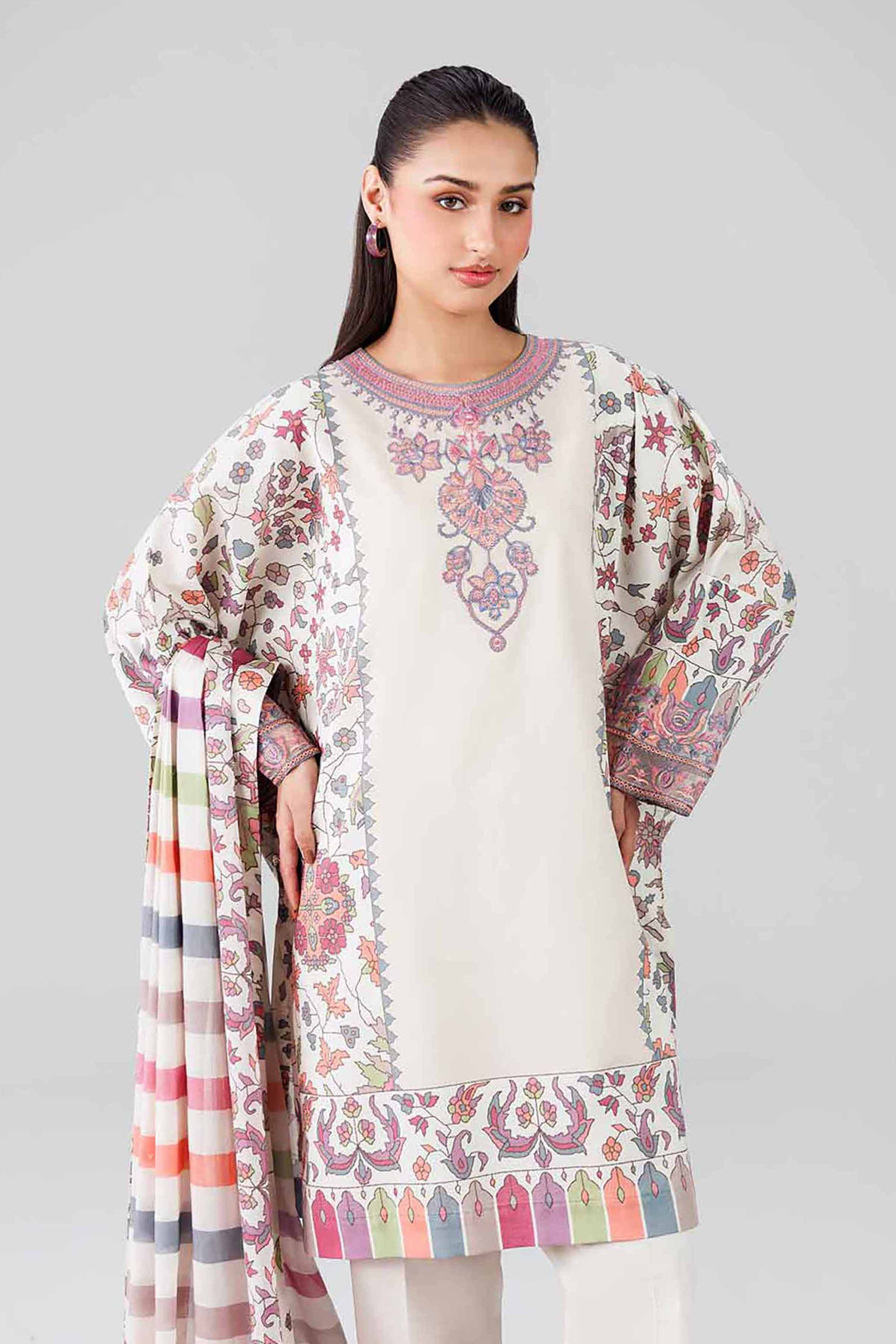 3 Piece - Digital Printed Embroidered Suit - 42601837 Beige Lawn 3PC Embroidered