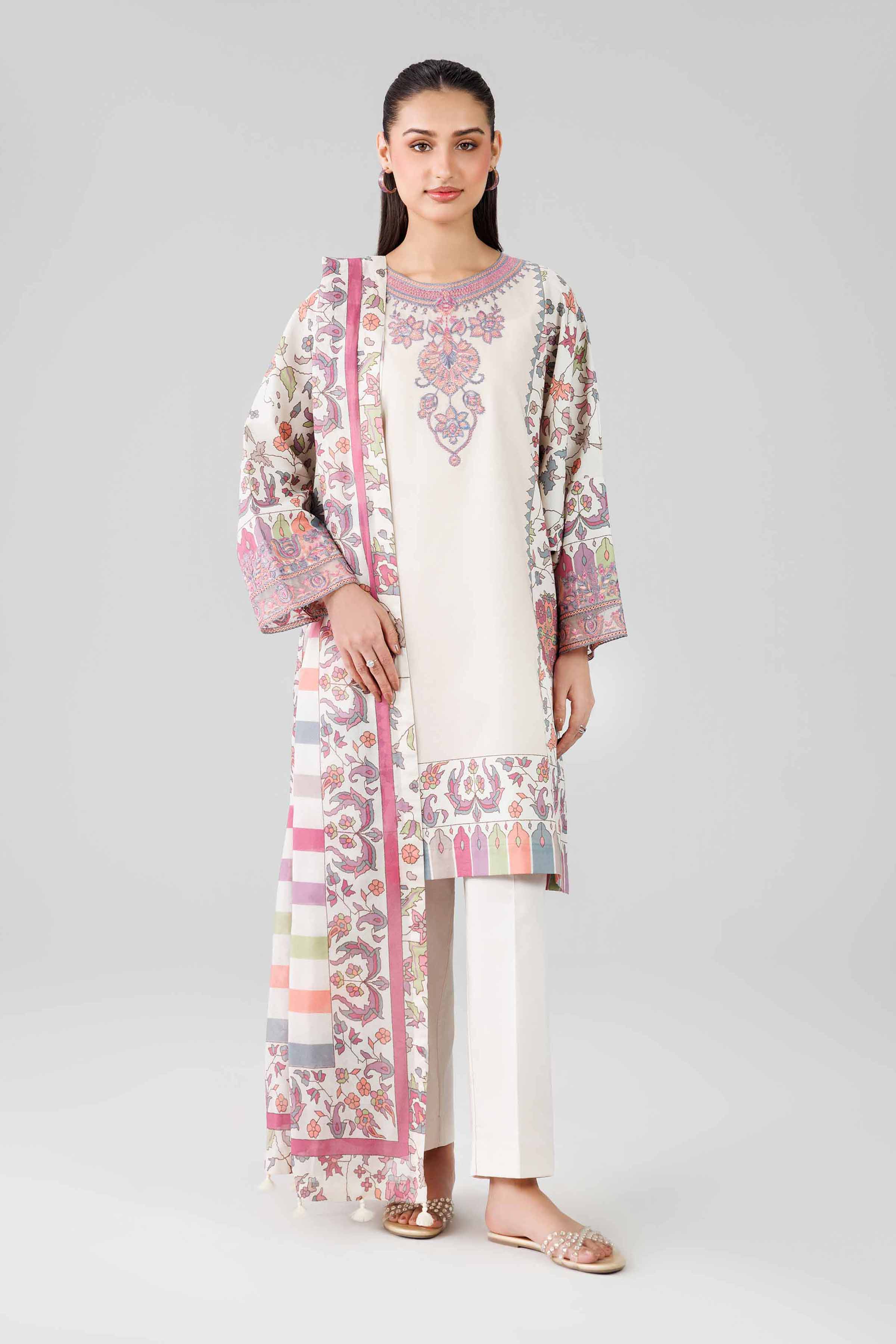3 Piece - Digital Printed Embroidered Suit - 42601837 Beige Lawn 3PC Embroidered