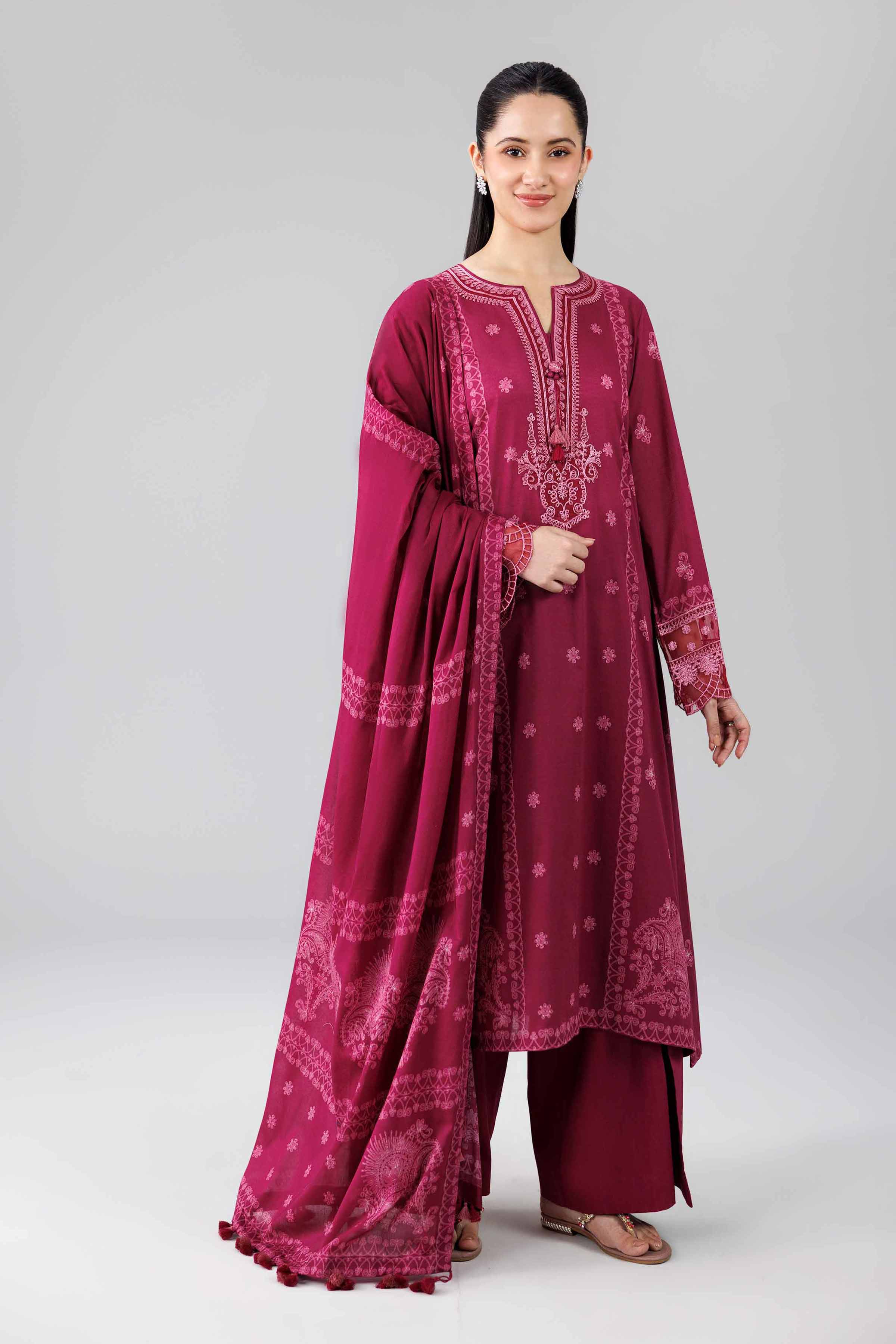 3 Piece - Digital Printed Embroidered Suit - 42601842 Maroon Lawn 3PC Embroidered
