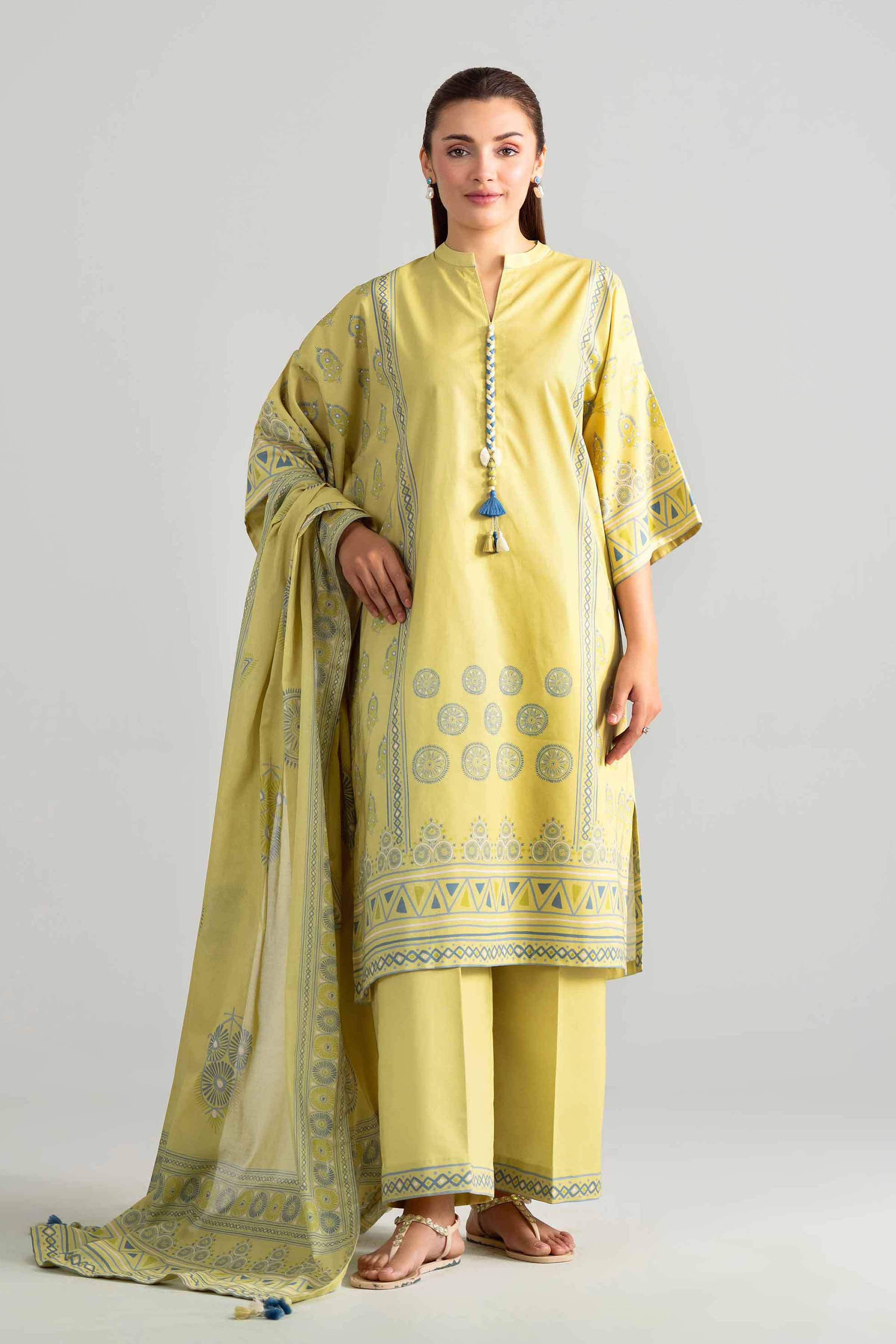 3 Piece - Digital Printed Suit - 42601844 Yellow Lawn 3PC Printed