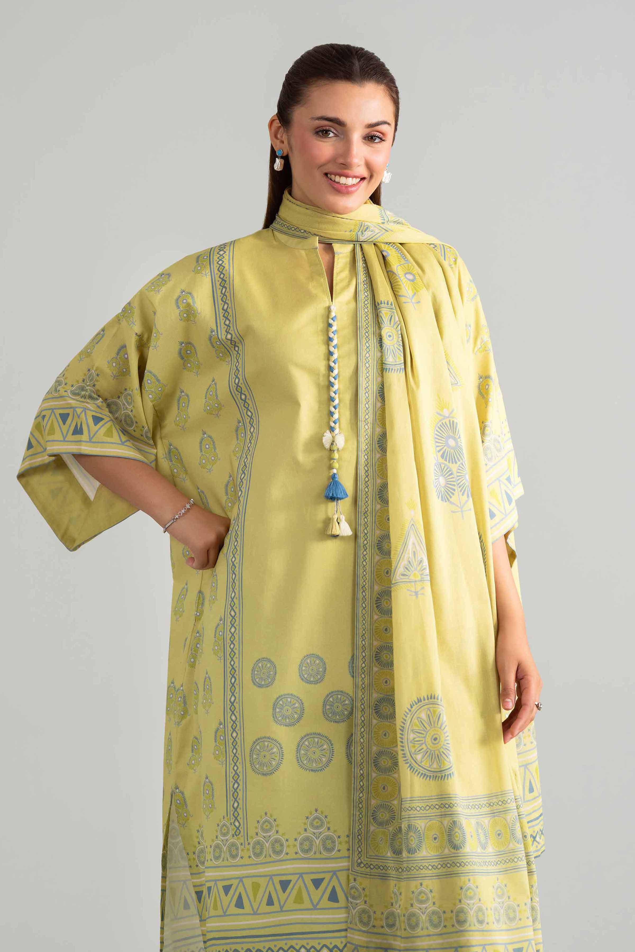 3 Piece - Digital Printed Suit - 42601844 Yellow Lawn 3PC Printed
