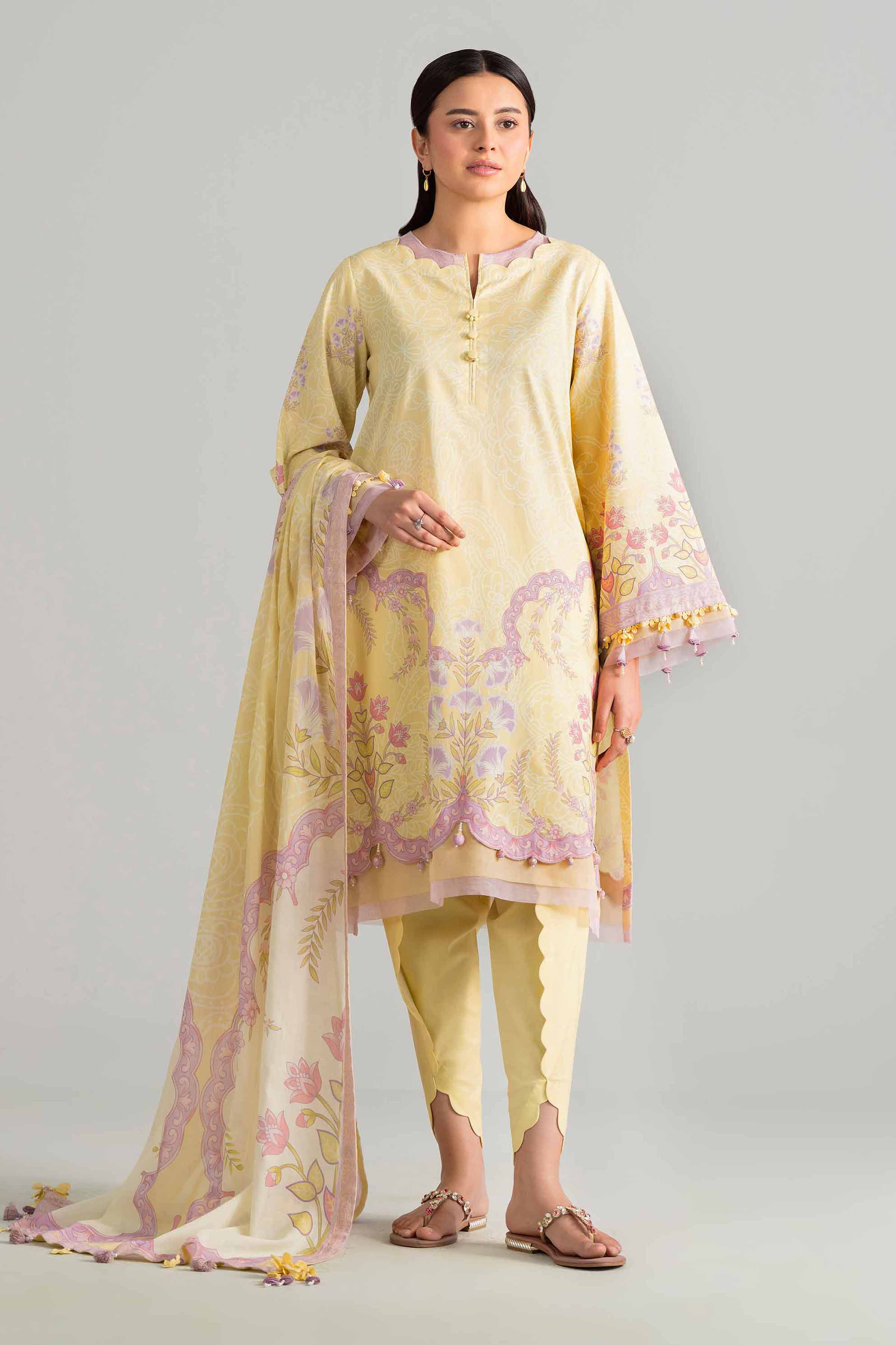 3 Piece - Digital Printed Suit - 42601853 Yellow Lawn 3PC Printed