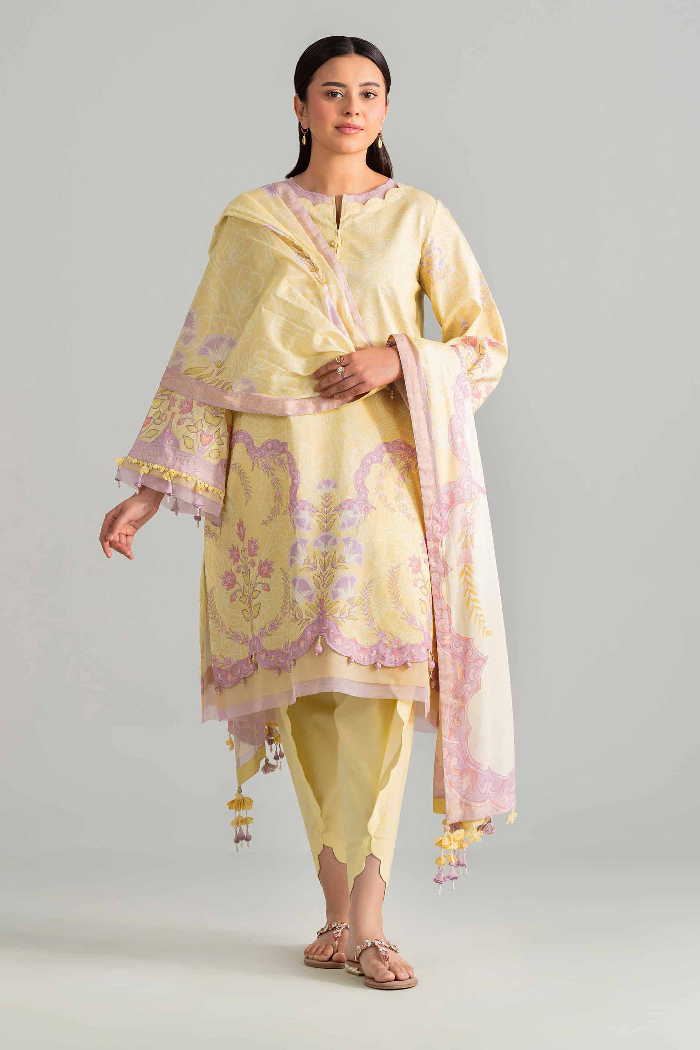 3 Piece - Digital Printed Suit - 42601853 Yellow Lawn 3PC Printed