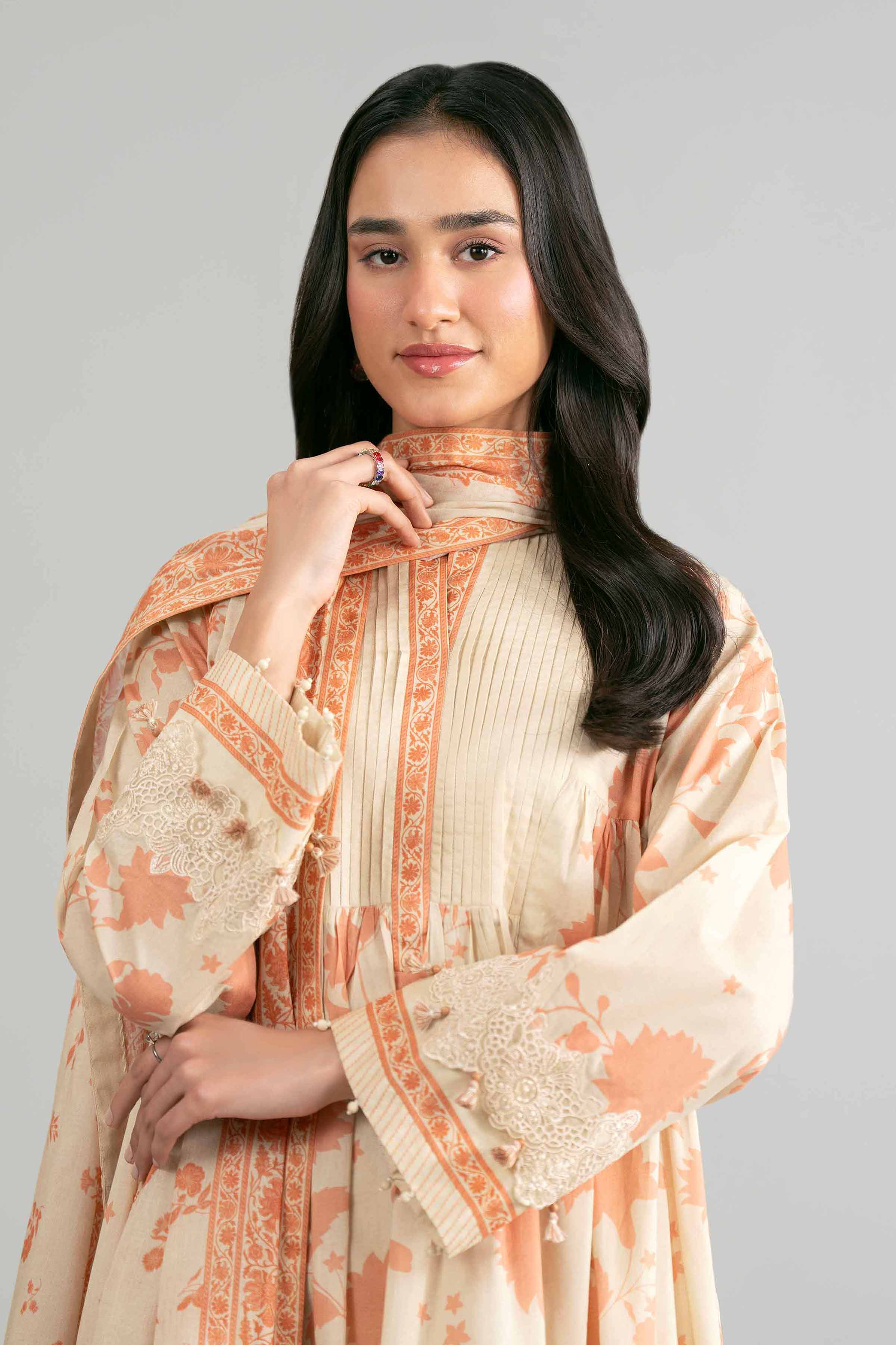 3 Piece - Printed Embroidered Suit - 42601854 Beige Lawn 3PC Embroidered