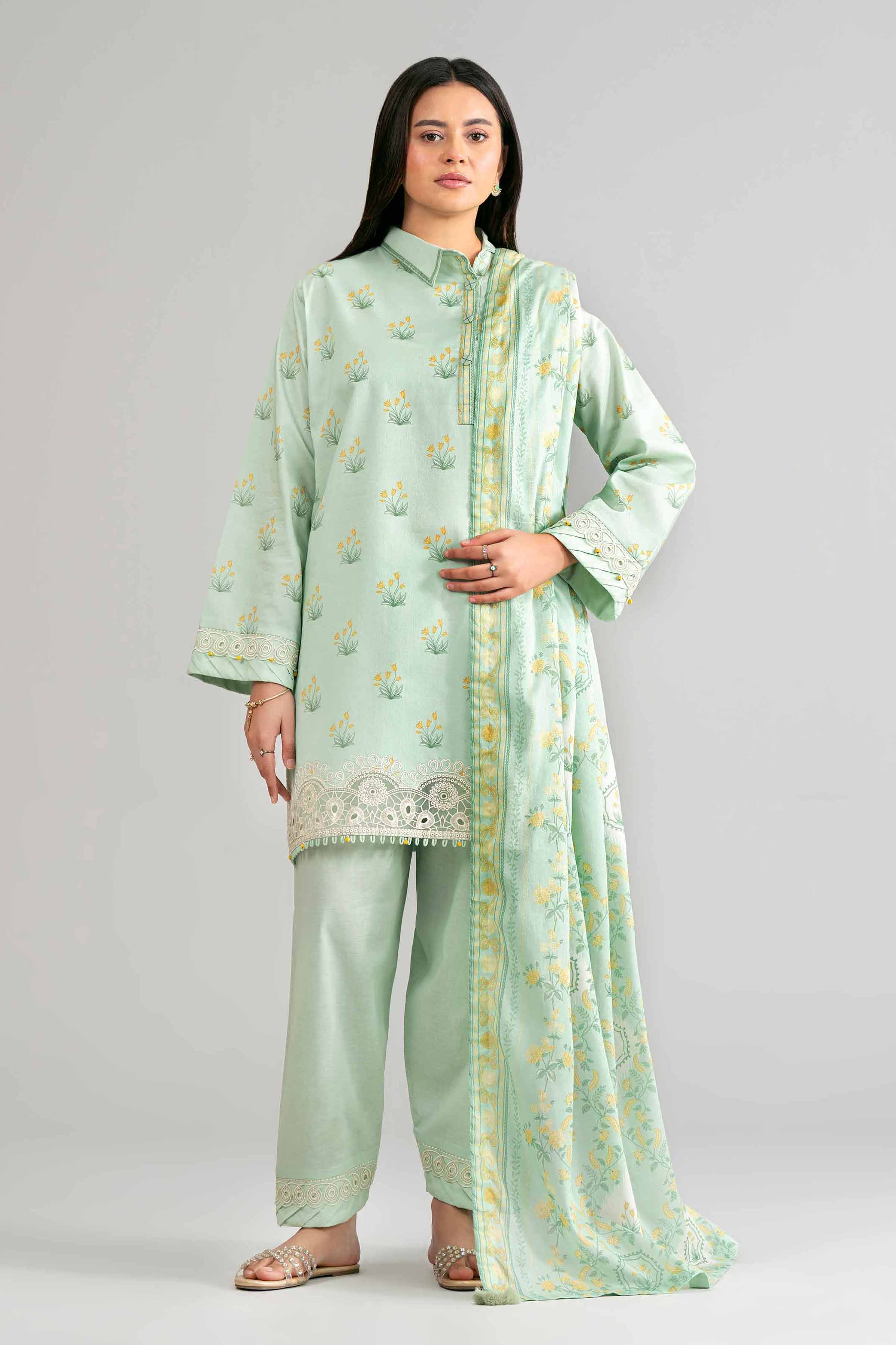 3 Piece - Printed Embroidered Suit - 42601861 Green Lawn 3PC Embroidered