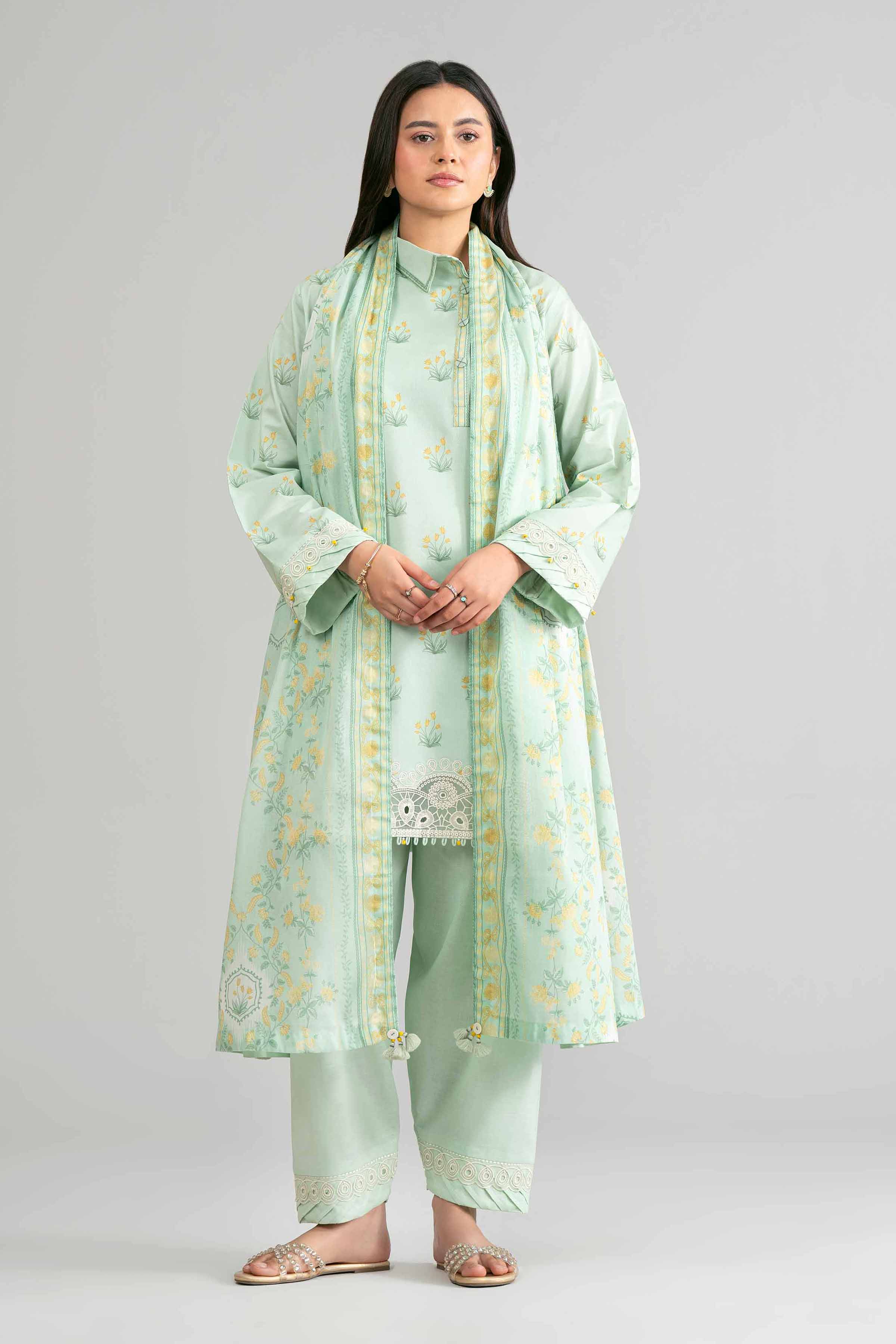 3 Piece - Printed Embroidered Suit - 42601861 Green Lawn 3PC Embroidered