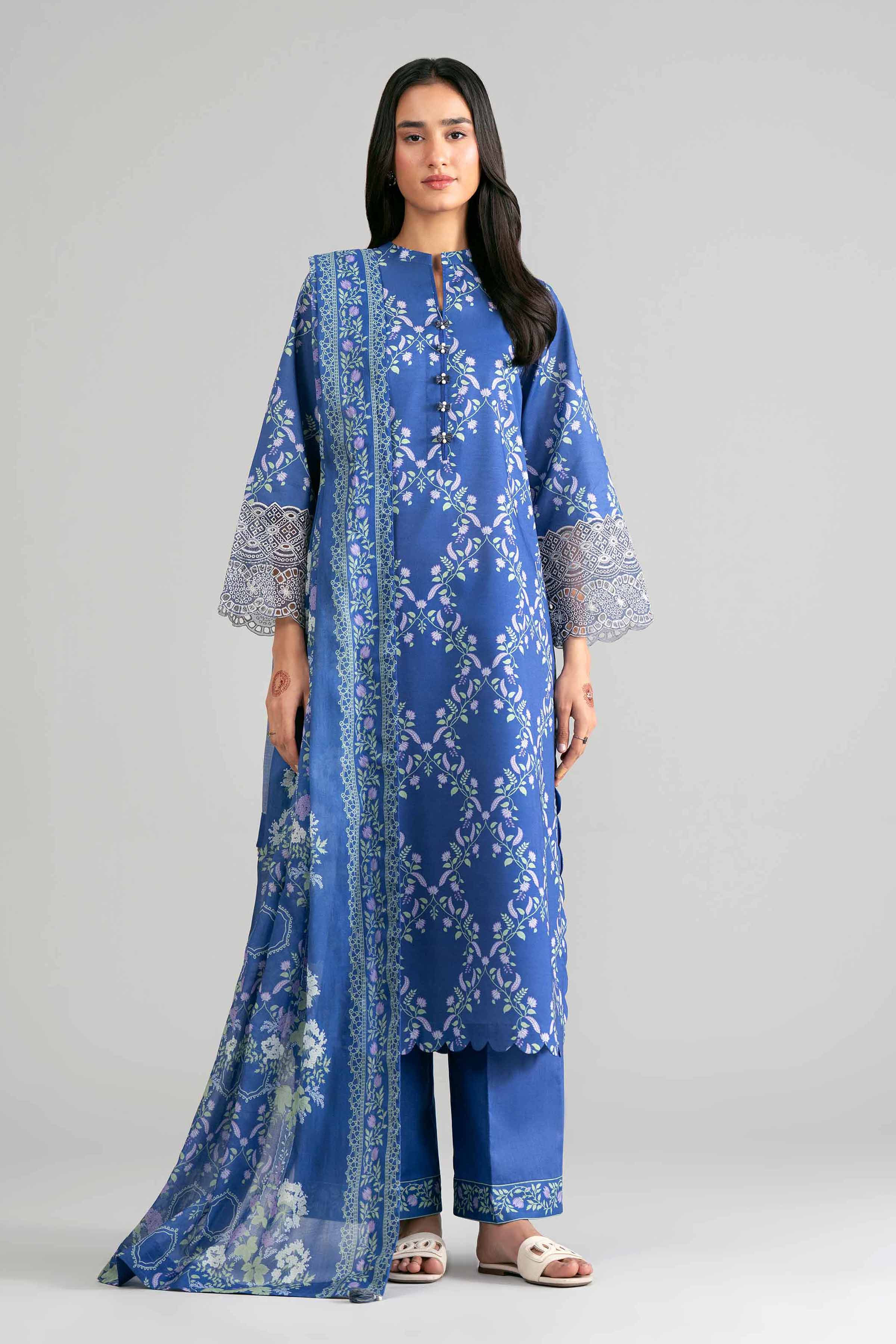 3 Piece - Printed Embroidered Suit - 42601862 Blue Lawn 3PC Embroidered