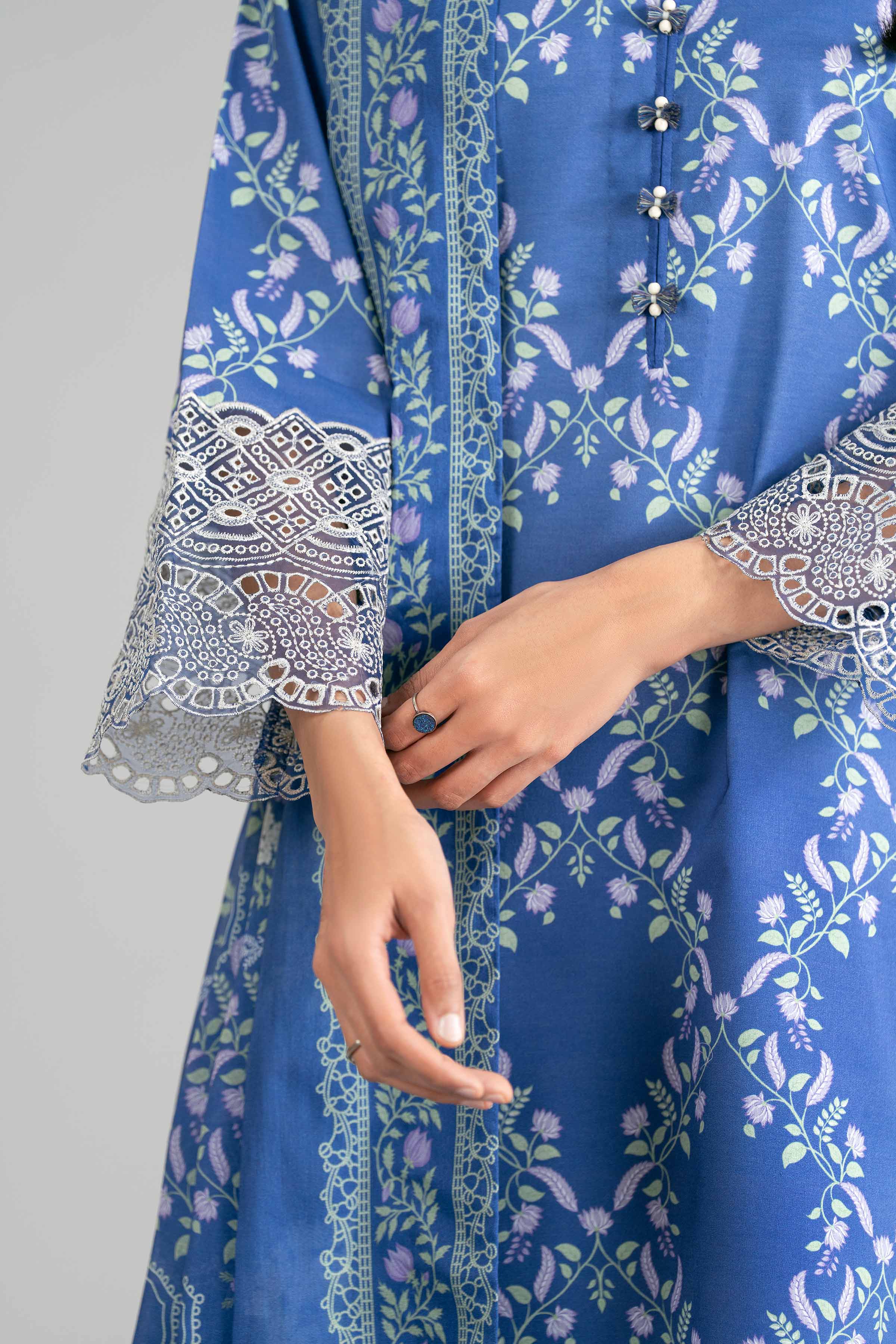 3 Piece - Printed Embroidered Suit - 42601862 Blue Lawn 3PC Embroidered