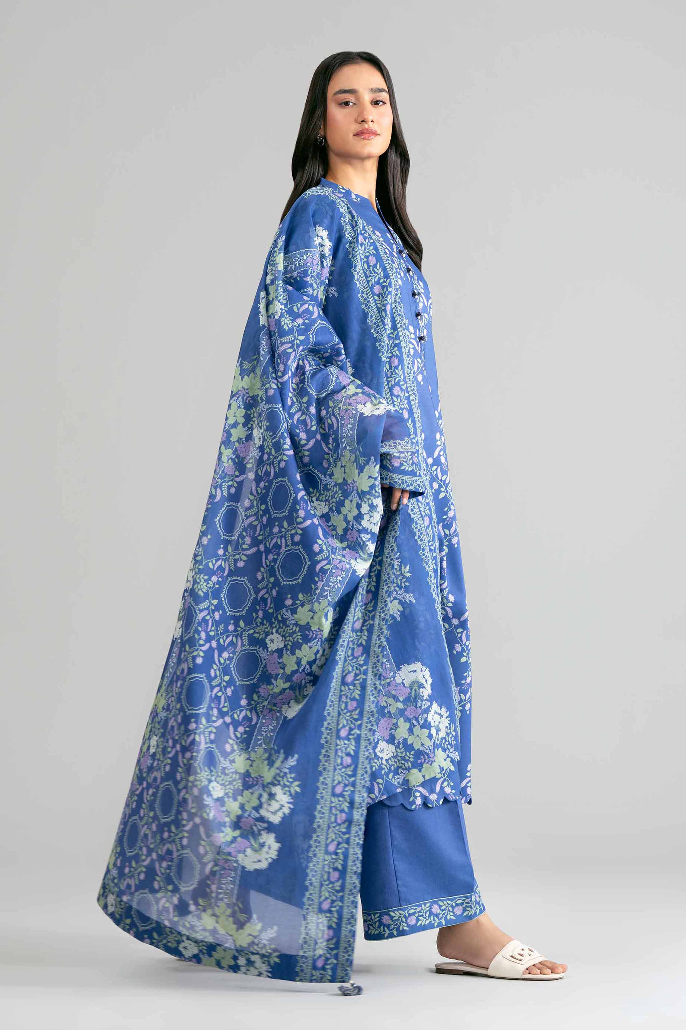 3 Piece - Printed Embroidered Suit - 42601862 Blue Lawn 3PC Embroidered