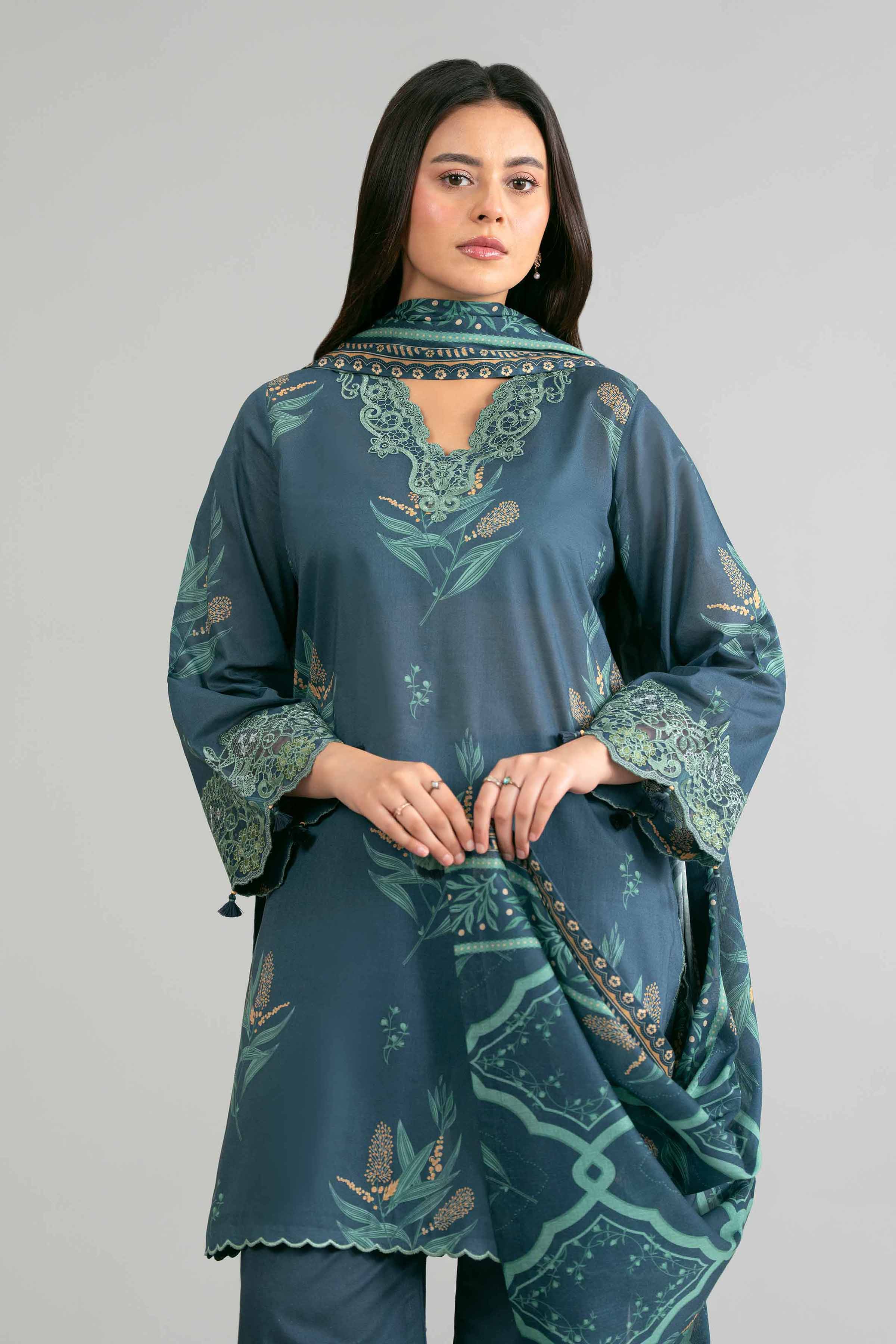 3 Piece - Printed Embroidered Suit - 42601863 Blue Lawn 3PC Embroidered