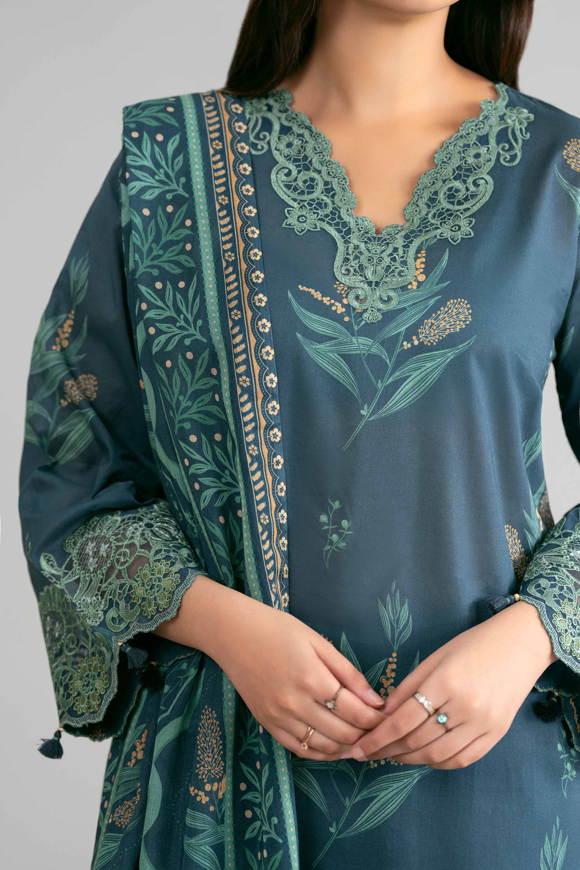 3 Piece - Printed Embroidered Suit - 42601863 Blue Lawn 3PC Embroidered