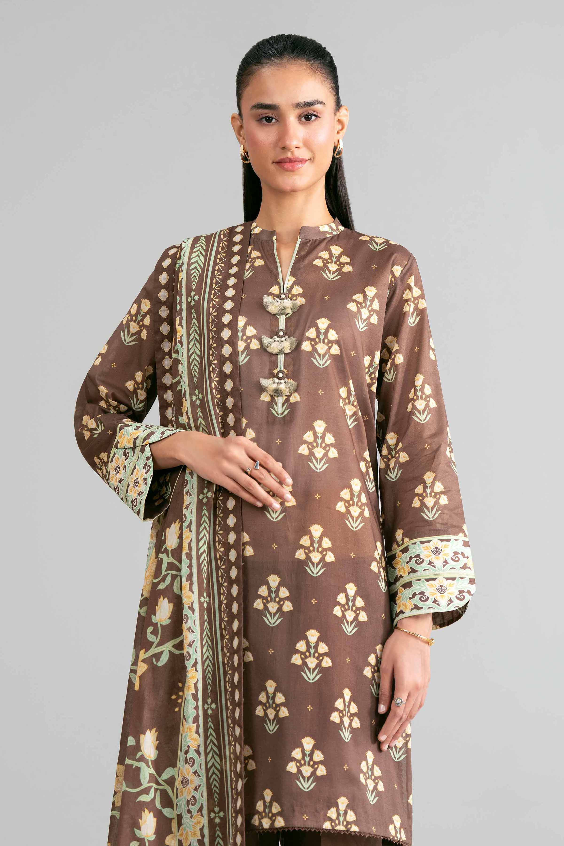 3 Piece - Printed Suit - 42601867 Brown Lawn 3PC Printed