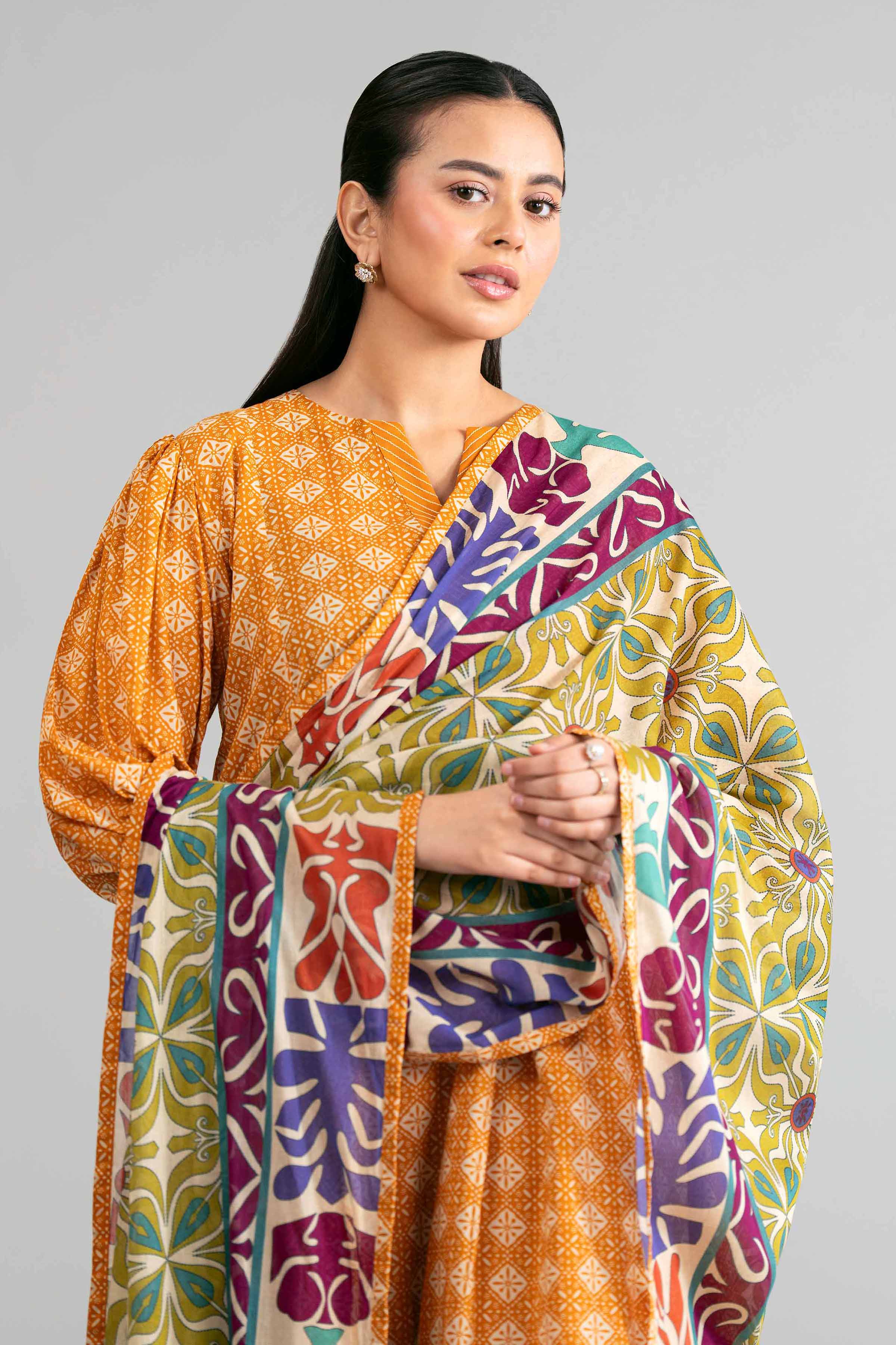 3 Piece - Printed Suit - 42601869 Orange Lawn 3PC Printed
