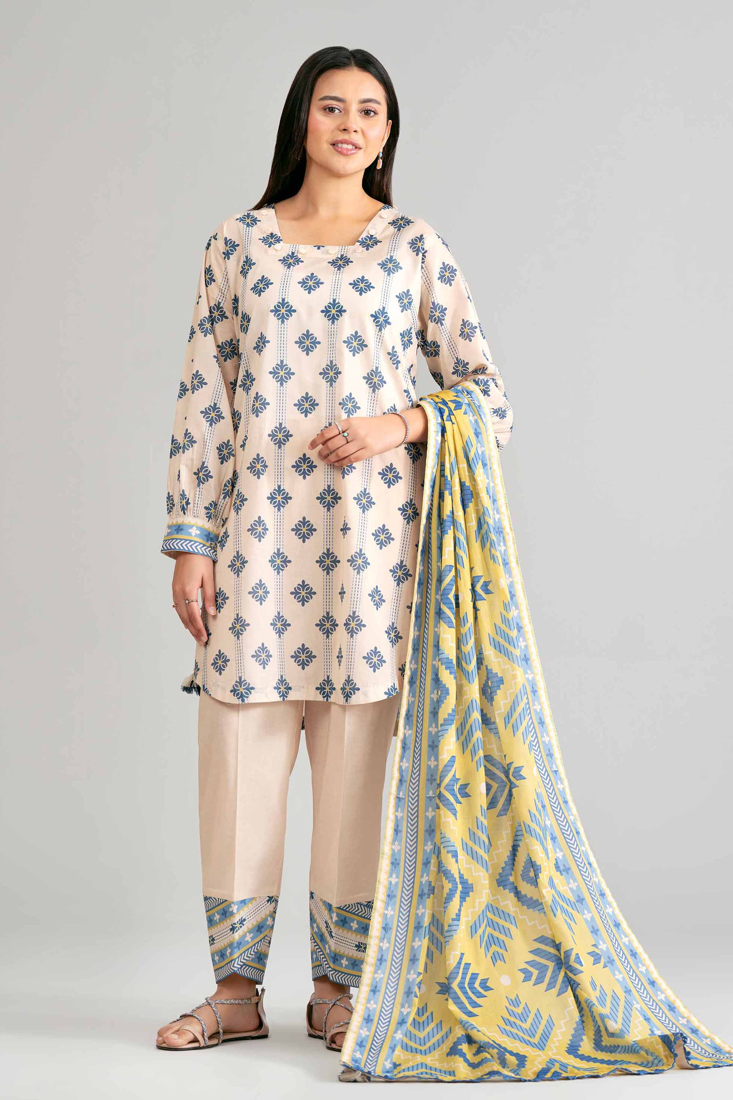 3 Piece - Printed Suit - 42601871 Beige Lawn 3PC Printed