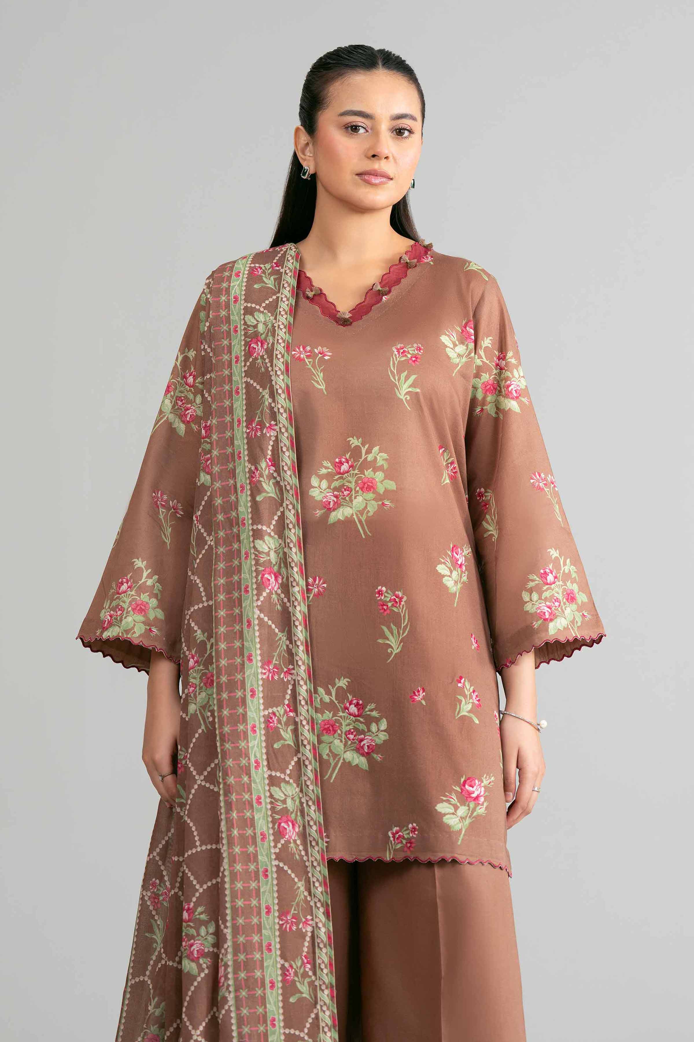 3 Piece - Printed Suit - 42601875 Brown Lawn 3PC Printed