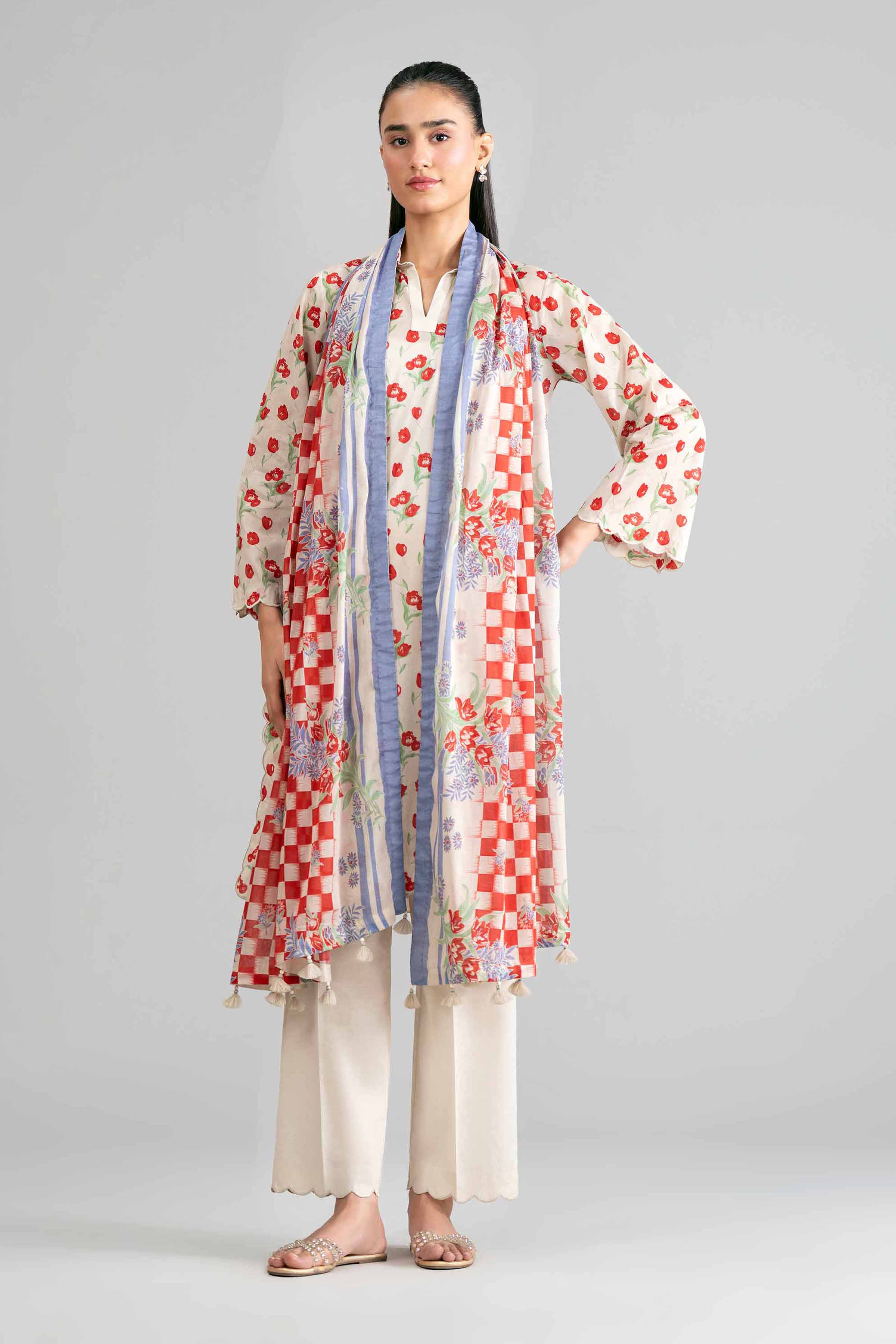 NISHAT UAE 3Pc Printed Unstitched Women Beige Lawn Suit