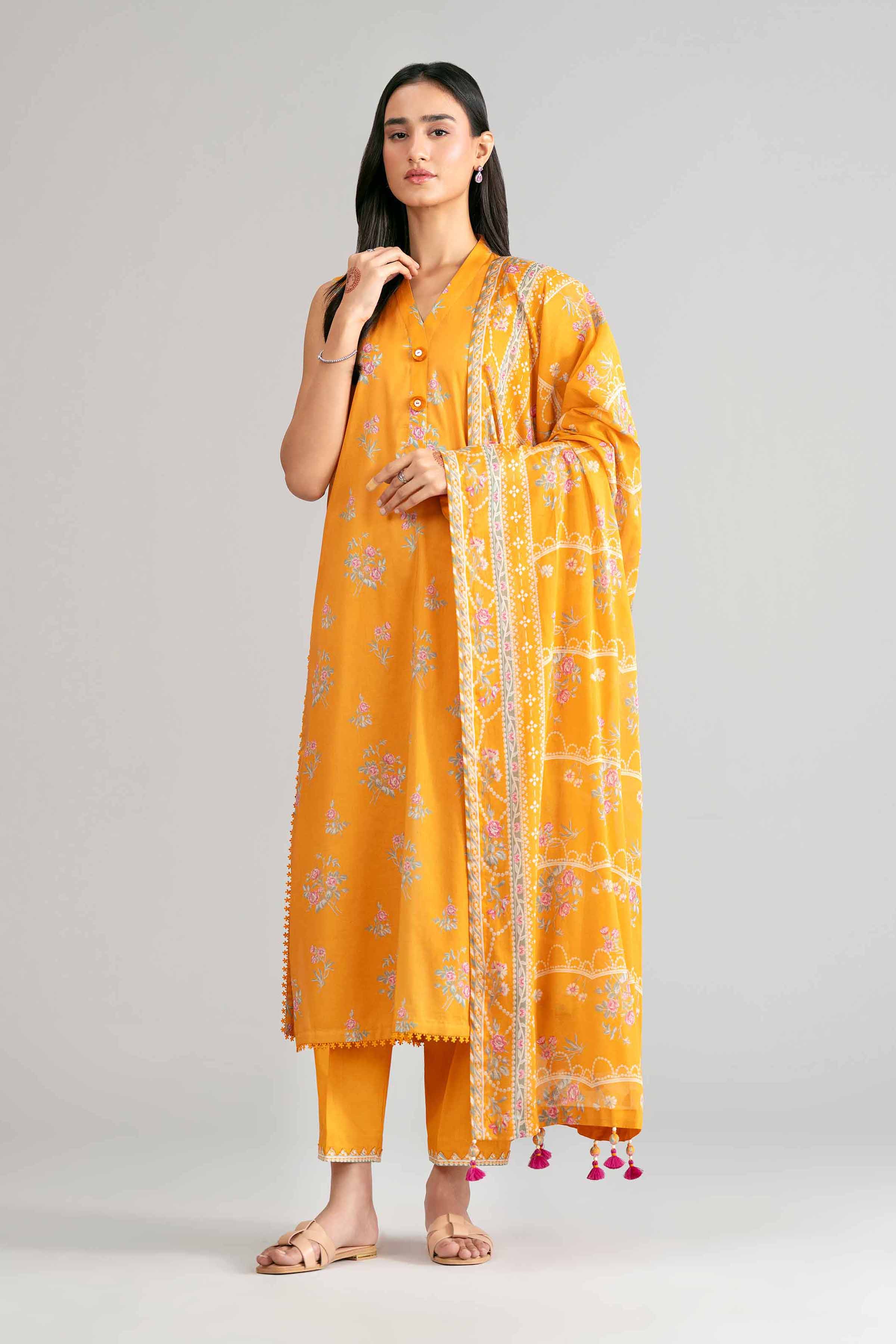 3 Piece - Printed Suit - 42601884 Orange Lawn 3PC Printed