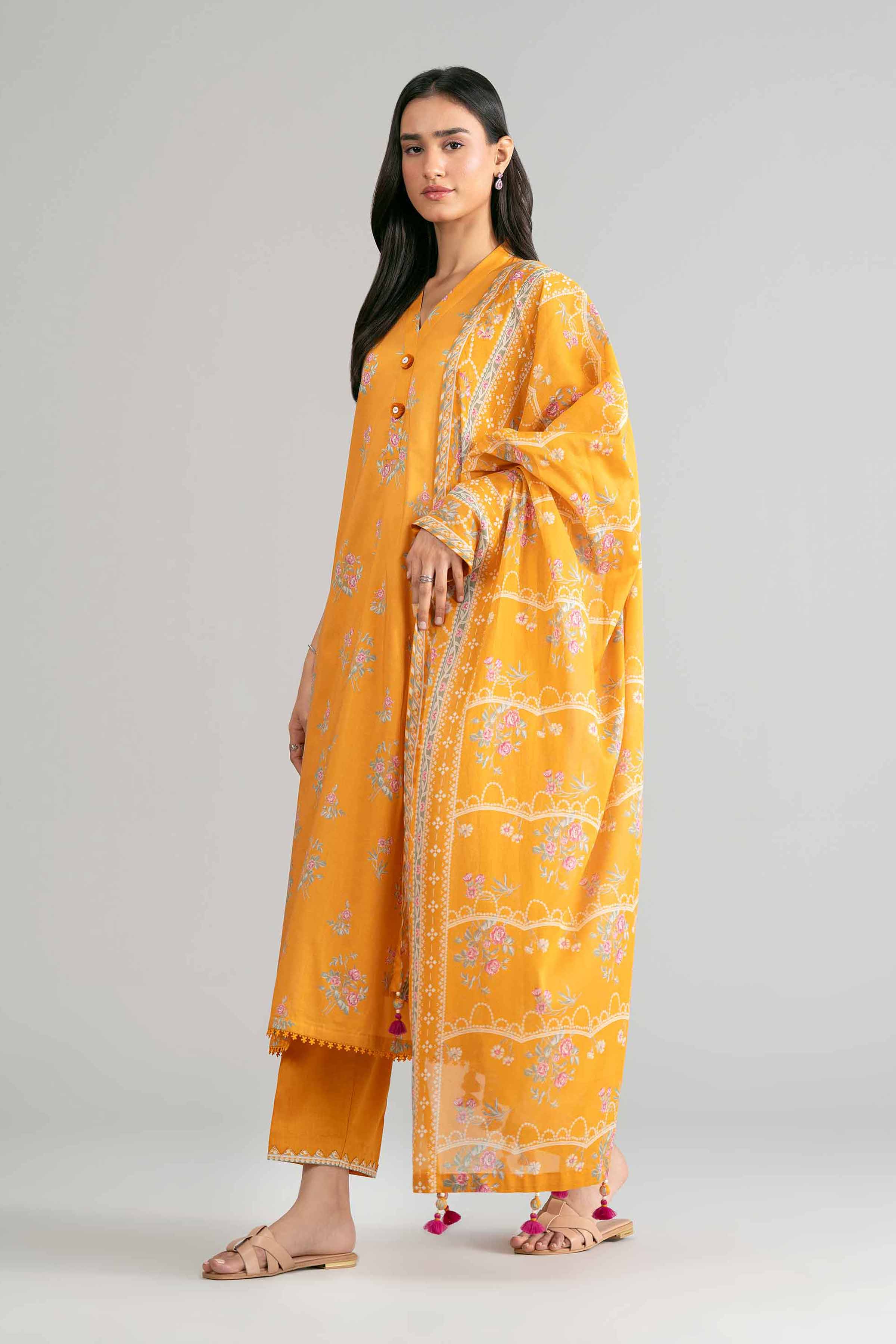3 Piece - Printed Suit - 42601884 Orange Lawn 3PC Printed