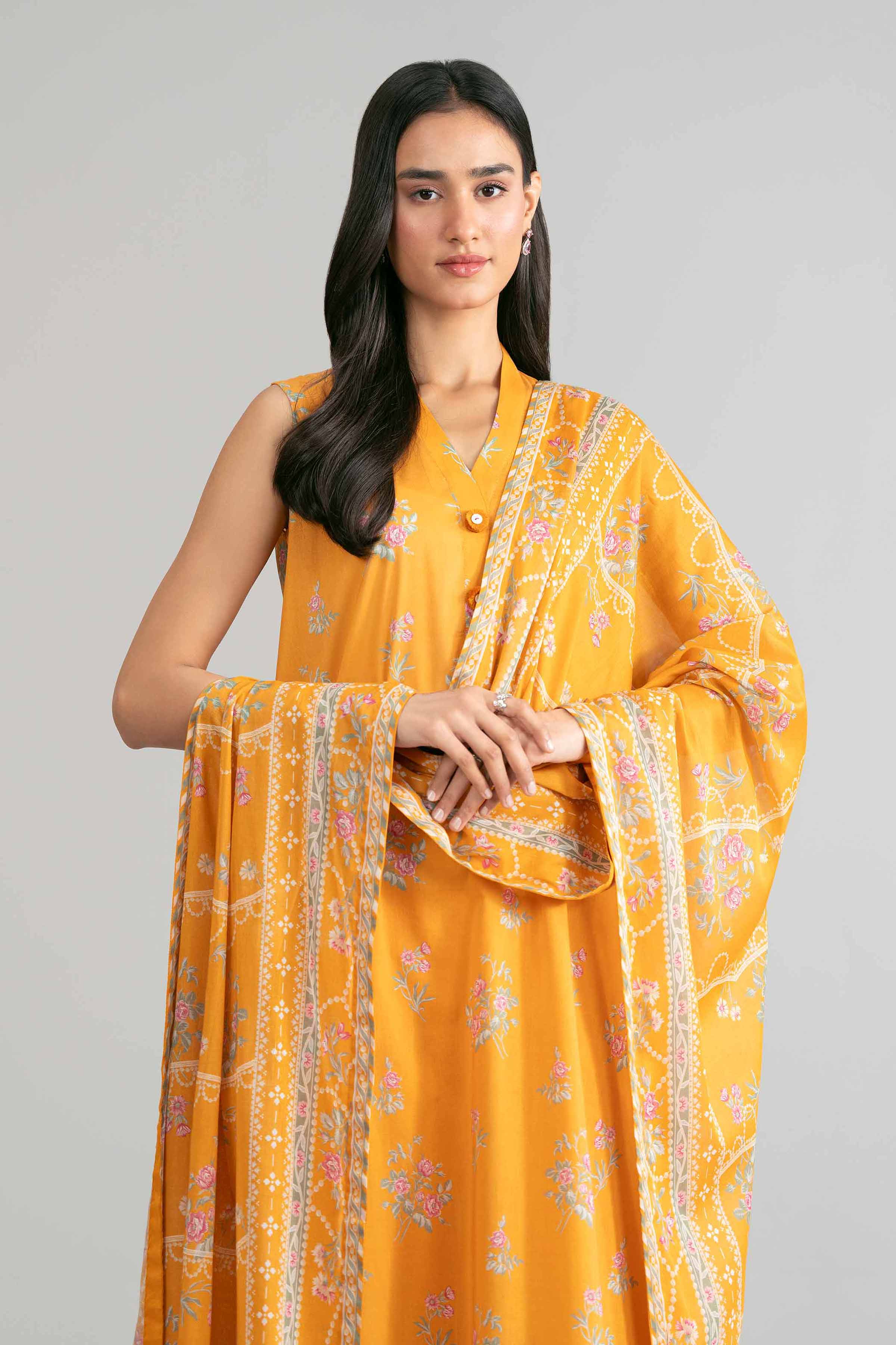 3 Piece - Printed Suit - 42601884 Orange Lawn 3PC Printed