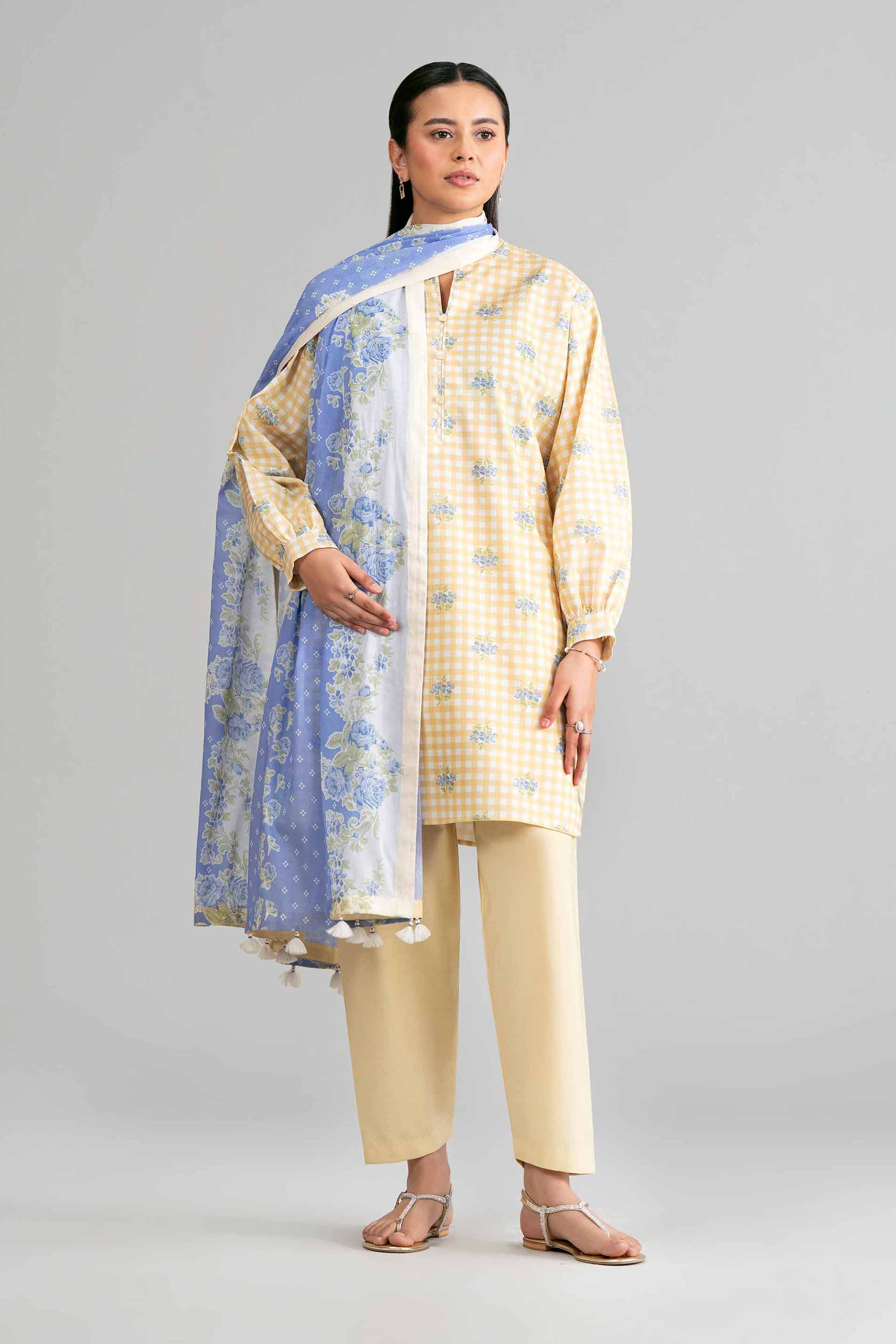NISHAT UAE 3Pc Printed Unstitched Women Yellow Lawn Suit