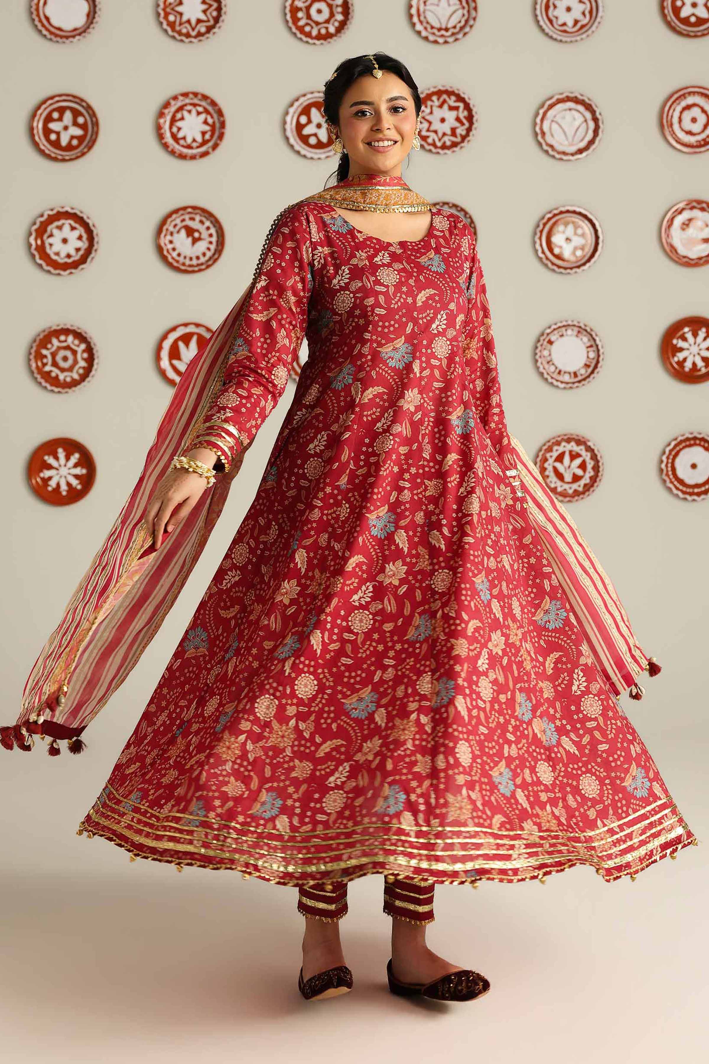 3 Piece - Printed Suit - 42601888 Maroon Lawn 3PC Printed