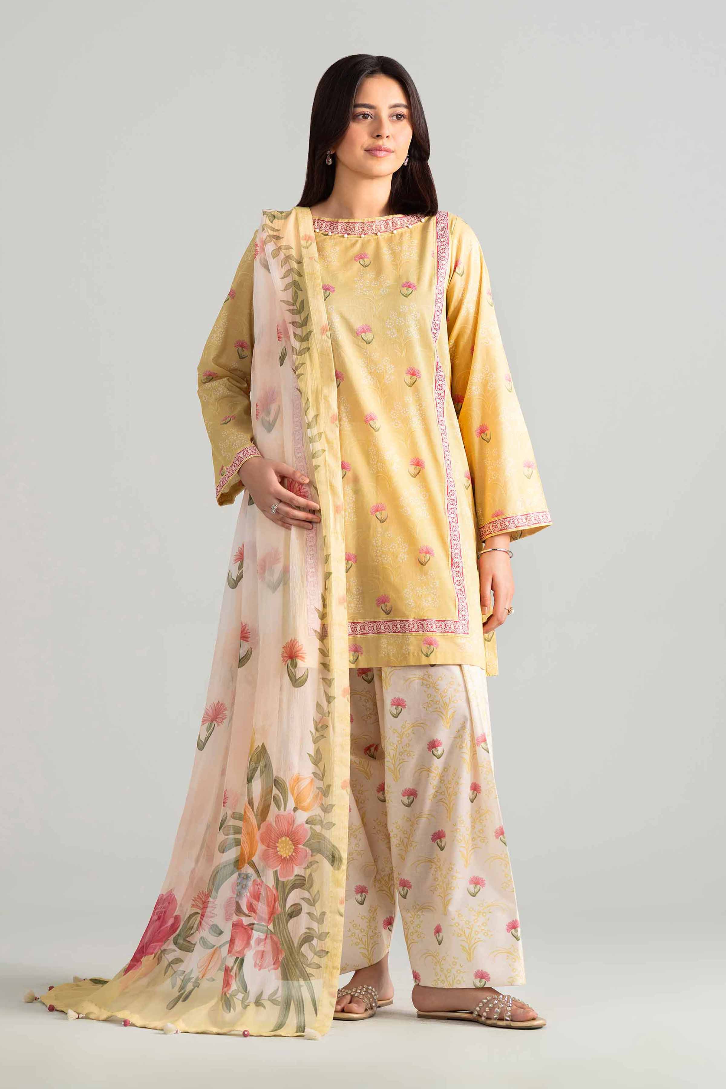 3 Piece - Digital Printed Suit - 42601895 Yellow Lawn 3PC Printed
