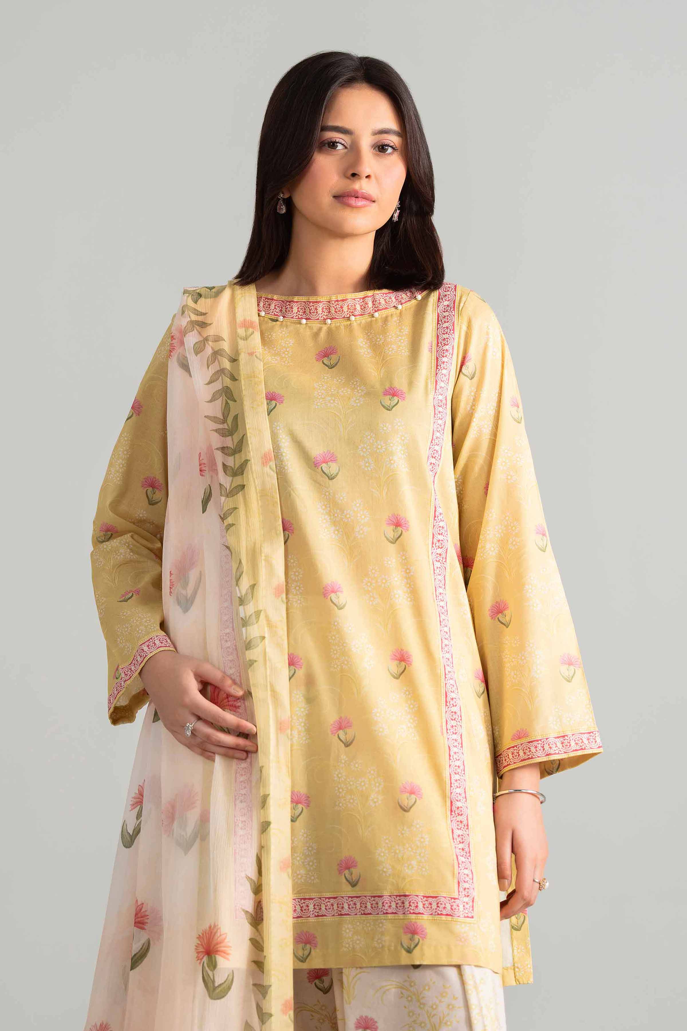 3 Piece - Digital Printed Suit - 42601895 Yellow Lawn 3PC Printed