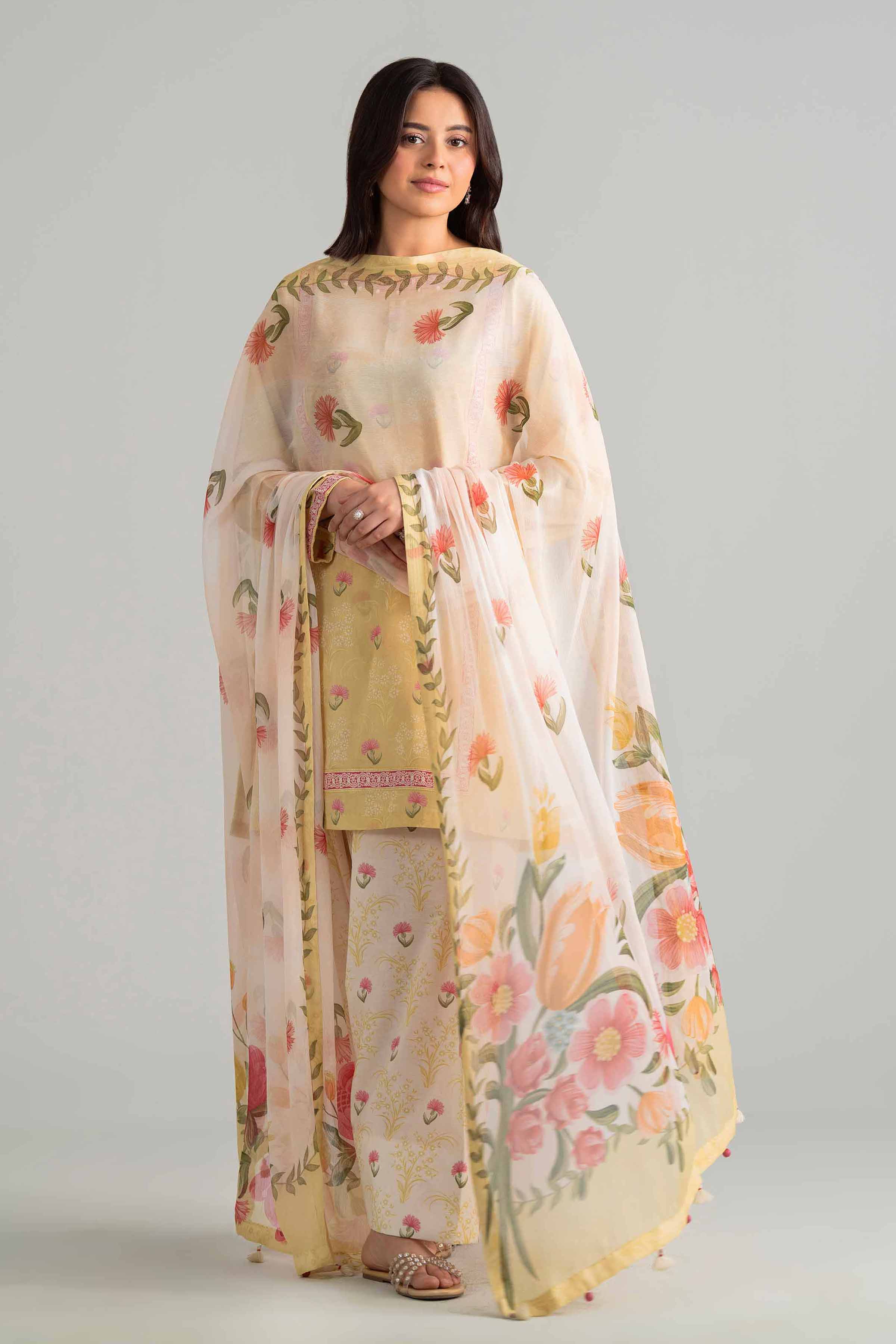 3 Piece - Digital Printed Suit - 42601895 Yellow Lawn 3PC Printed