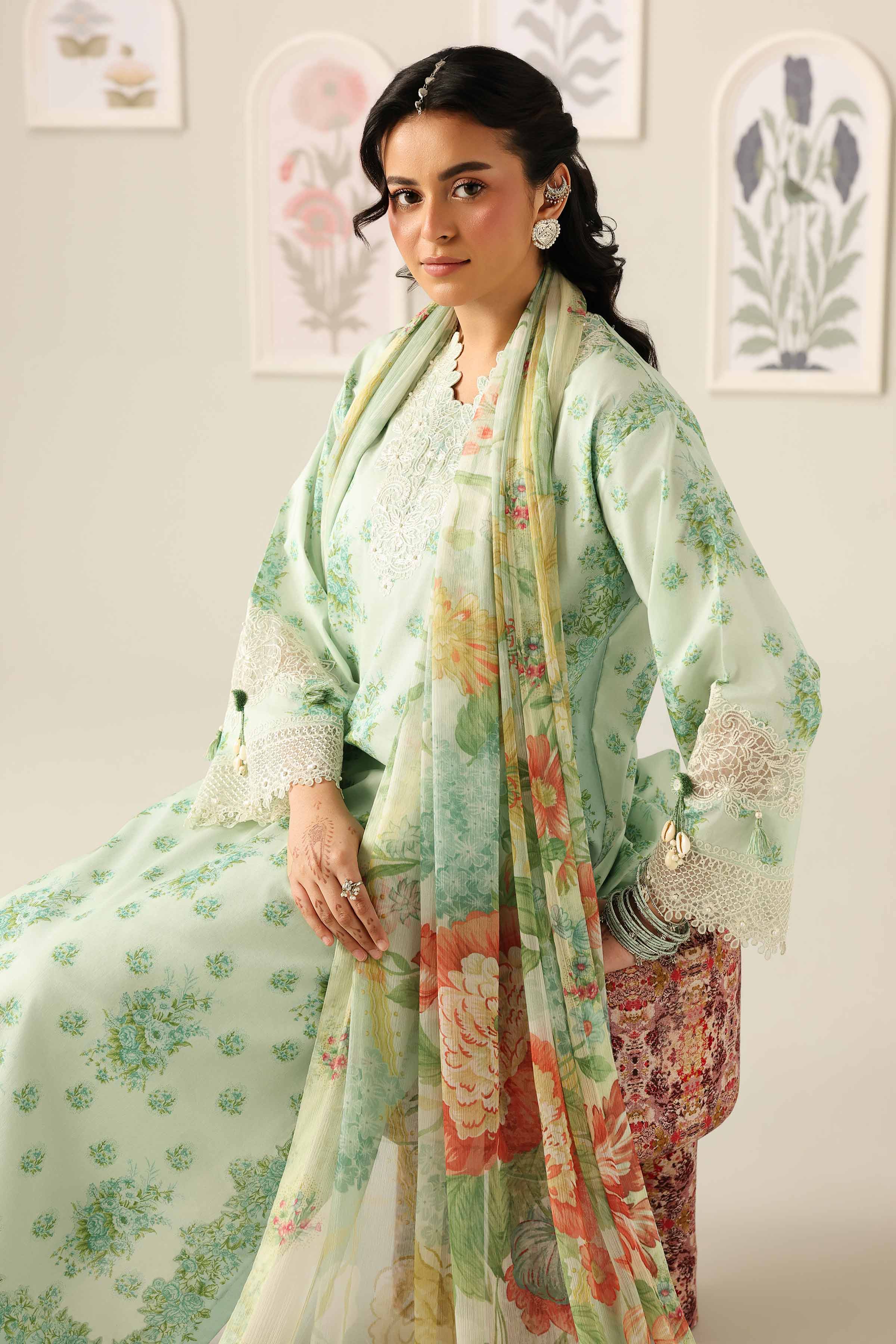 NISHAT UAE 3Pc Embroidered Unstitched Women Green Lawn Suit